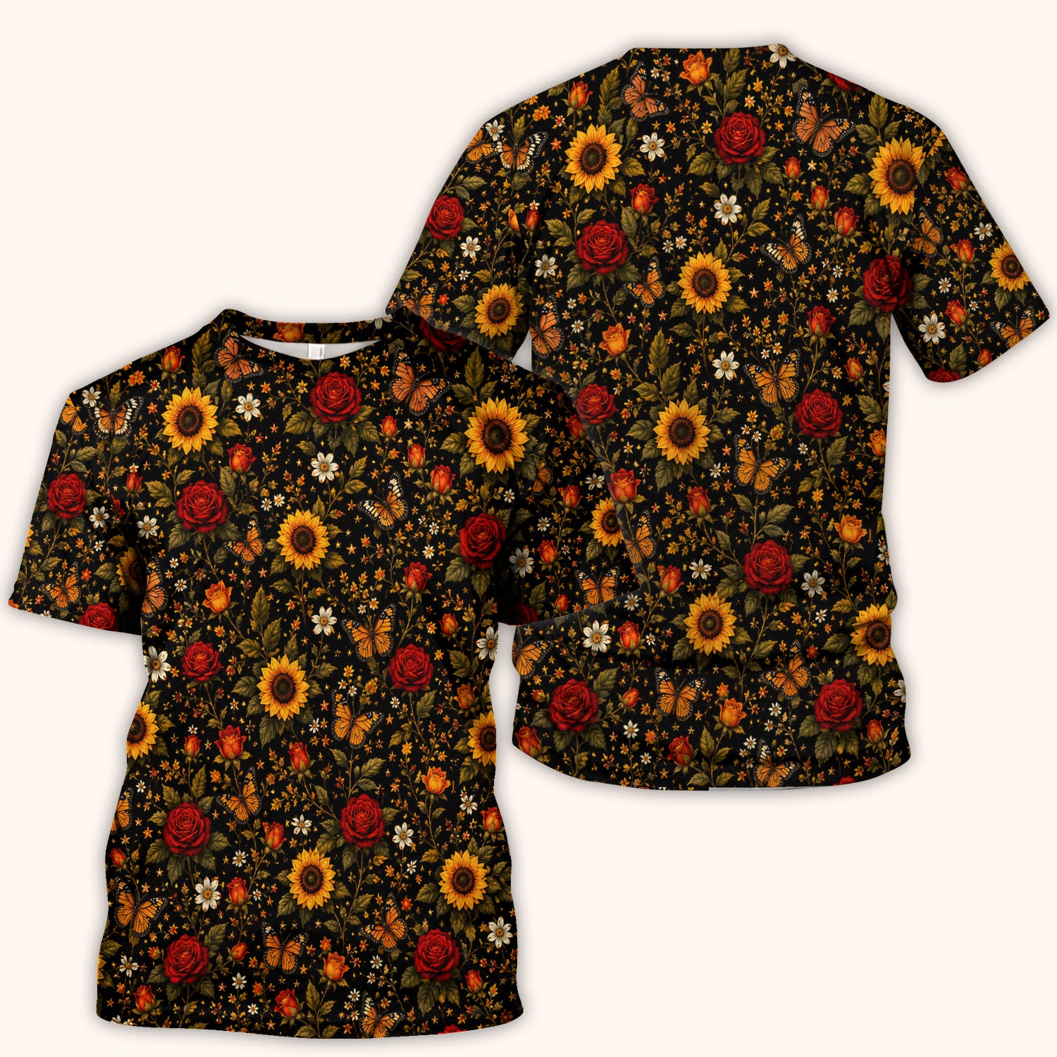 Autumn Sunflower Rose Butterfly Pattern Scrub Top, Comfortable Scrubs for Nurses