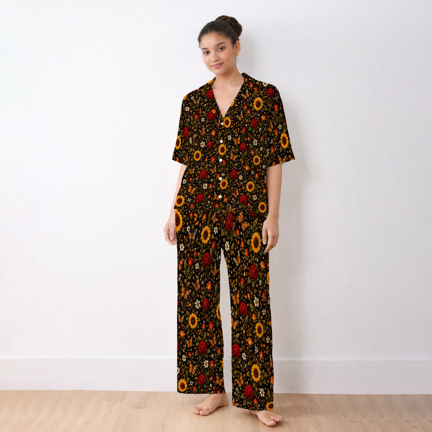 Autumn Sunflower Rose Butterfly Pattern Pajama Set, Soft Breathable Fabric Comfortable Sleepwear