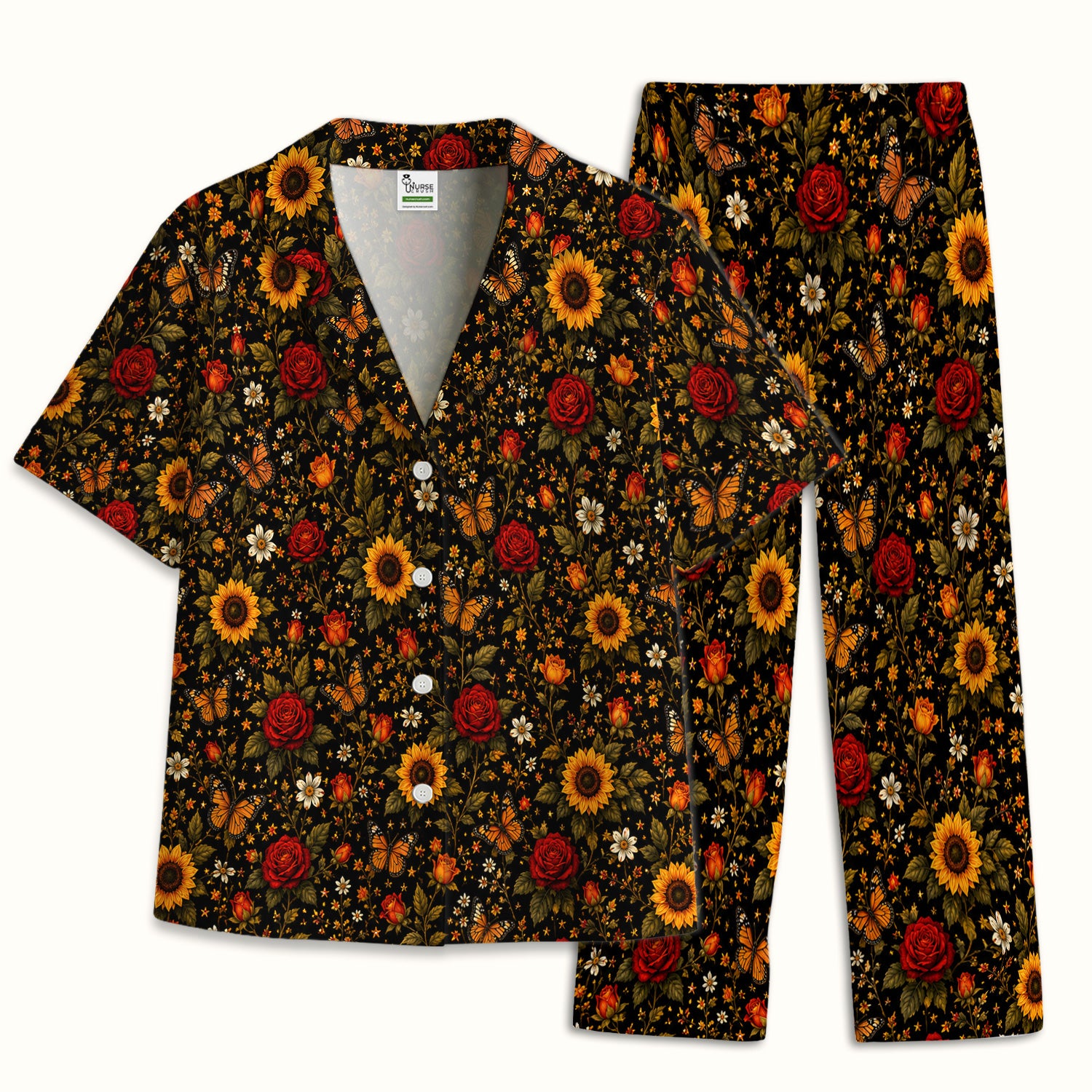 Autumn Sunflower Rose Butterfly Pattern Pajama Set, Soft Breathable Fabric Comfortable Sleepwear
