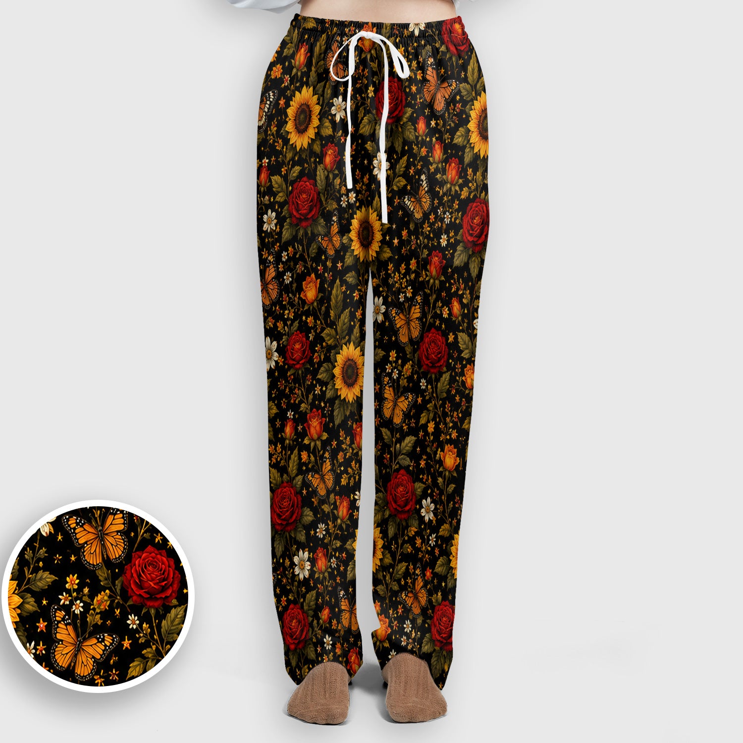 Autumn Sunflower Rose Butterfly Pattern Scrub Set, Scrub Pants and V Neck Top