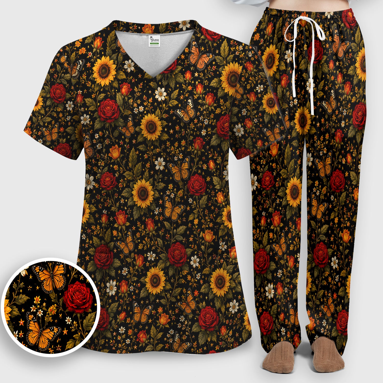 Autumn Sunflower Rose Butterfly Pattern Scrub Set, Scrub Pants and V Neck Top