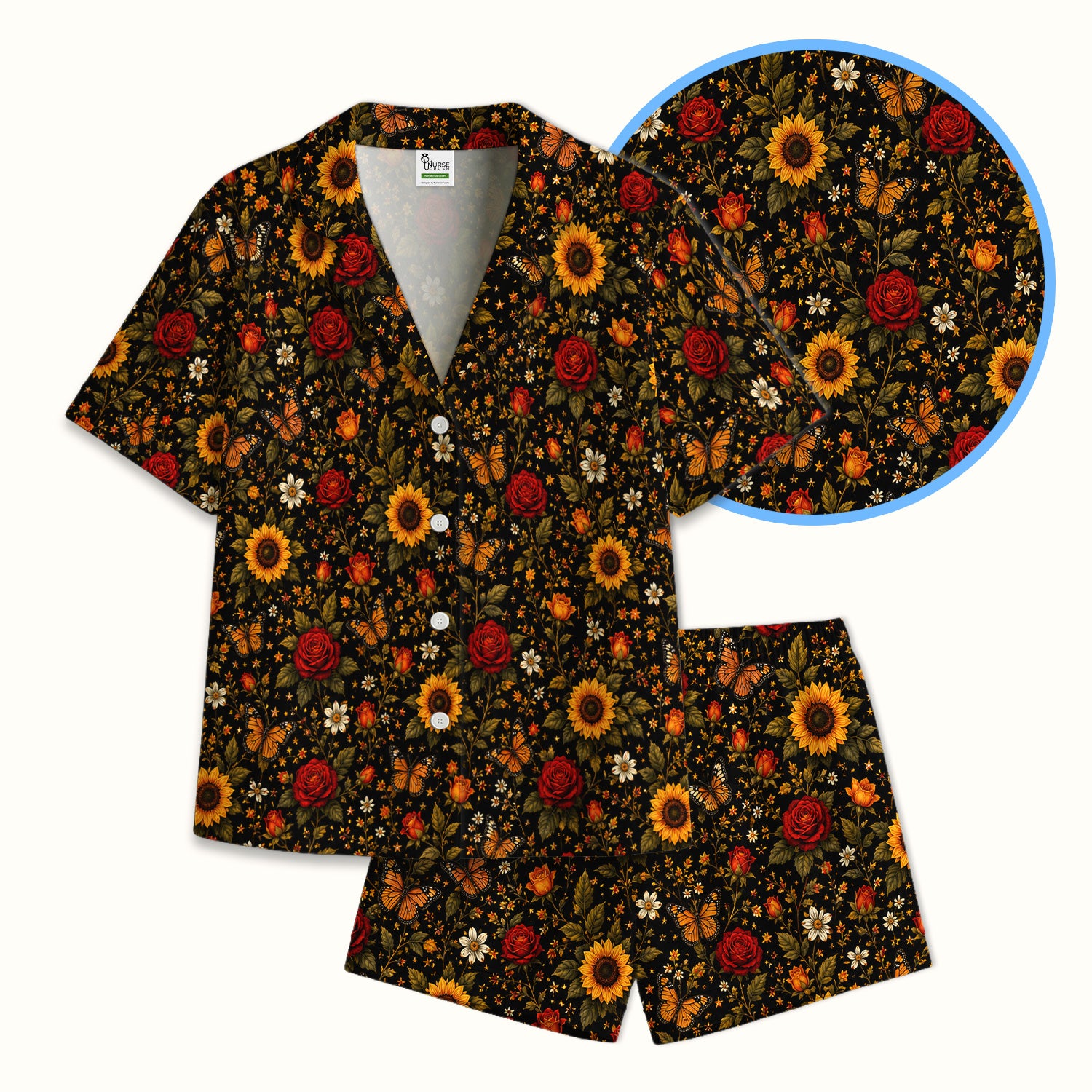 Autumn Sunflower Rose Butterfly Pattern Pajama Set, Soft Breathable Fabric Comfortable Sleepwear