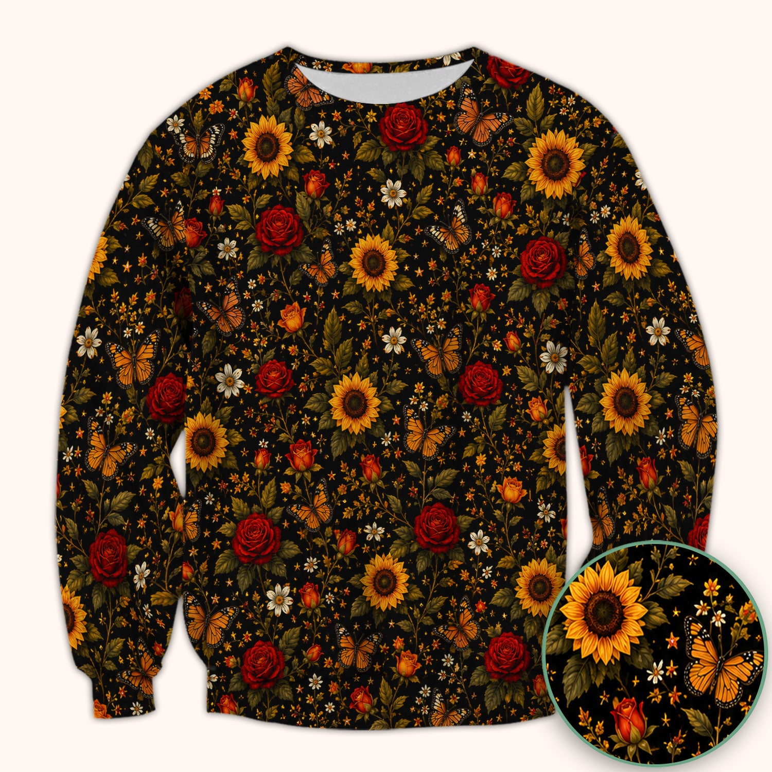 Autumn Sunflower Rose Butterfly Pattern Scrub Top, Comfortable Scrubs for Nurses