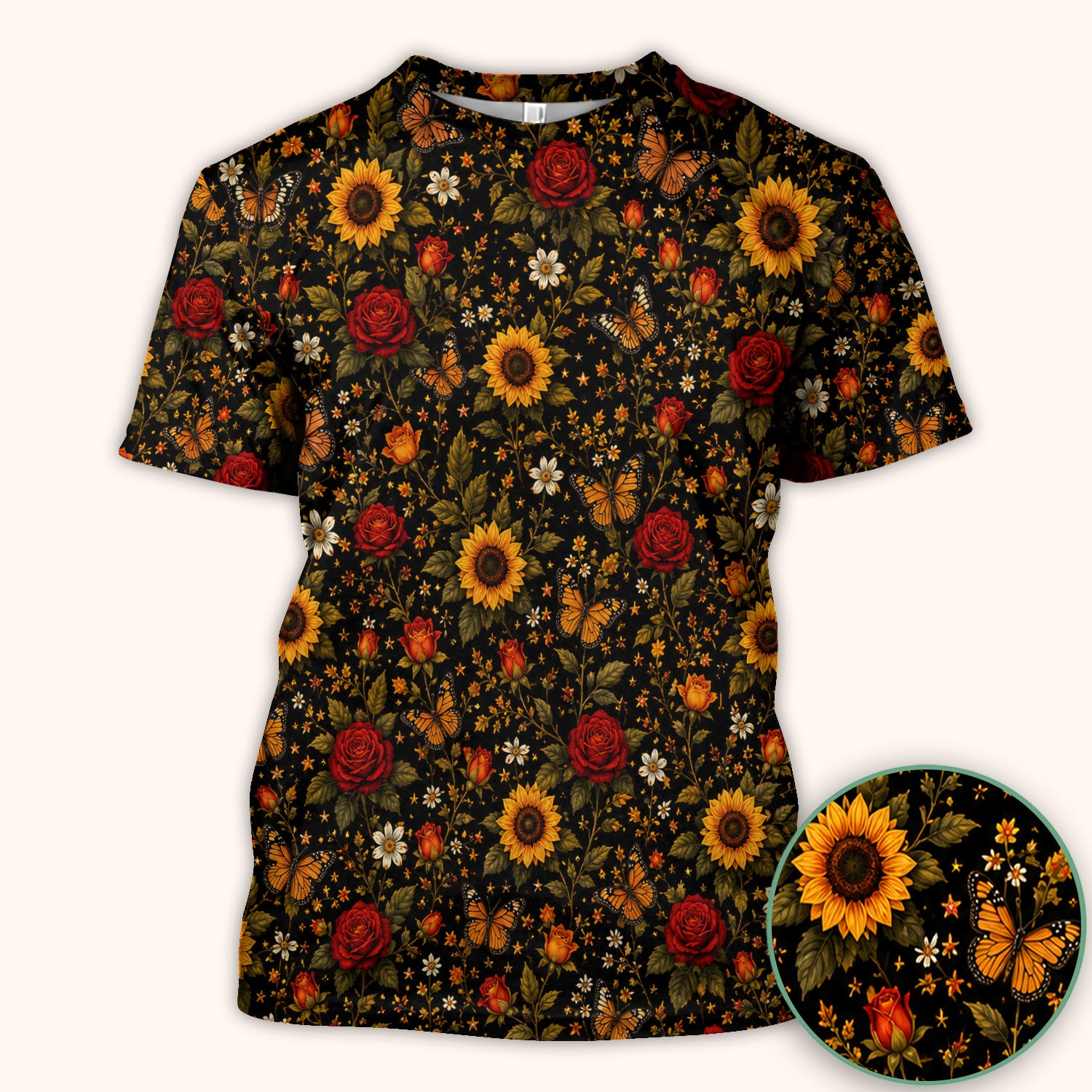 Autumn Sunflower Rose Butterfly Pattern Scrub Top, Comfortable Scrubs for Nurses