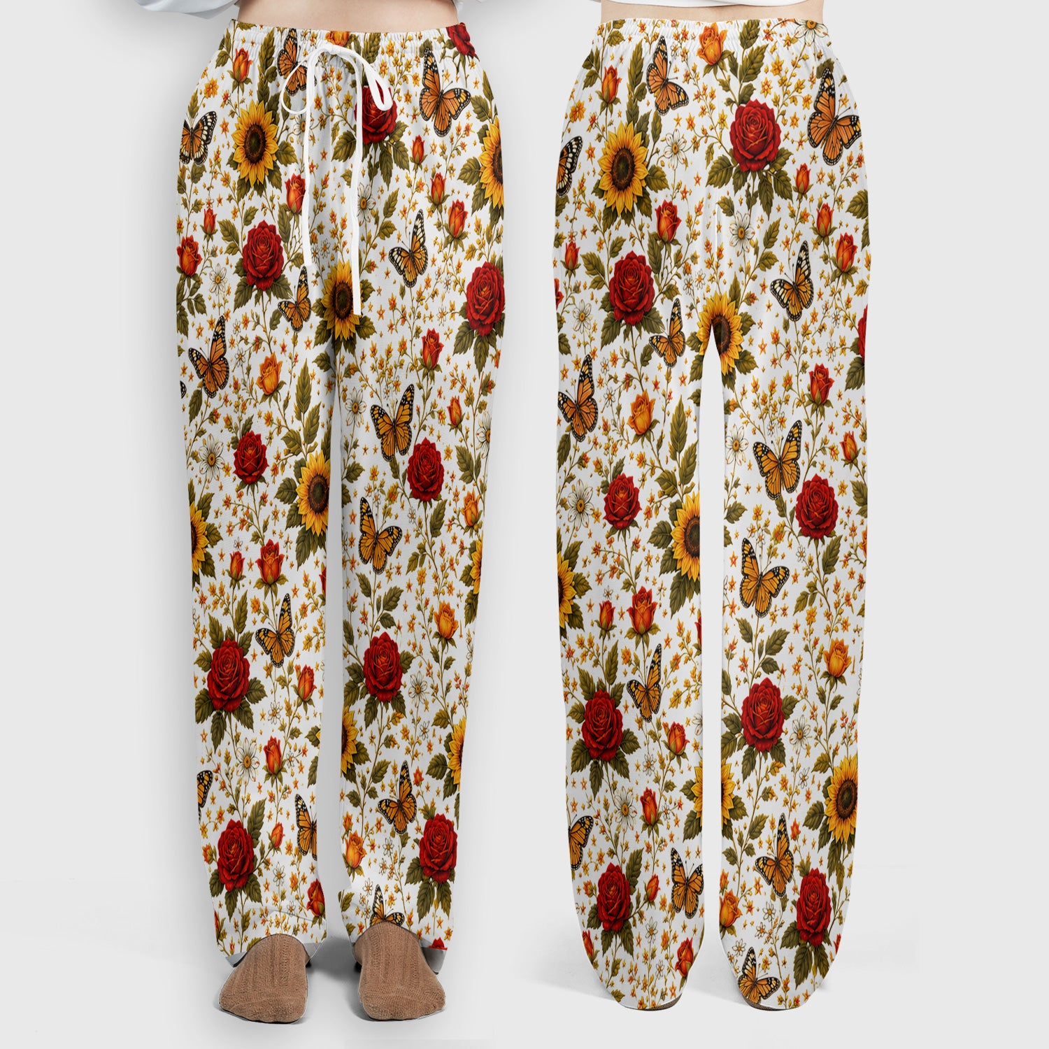 Autumn Sunflower Rose Butterfly Pattern Scrub Set, Scrub Pants and V Neck Top