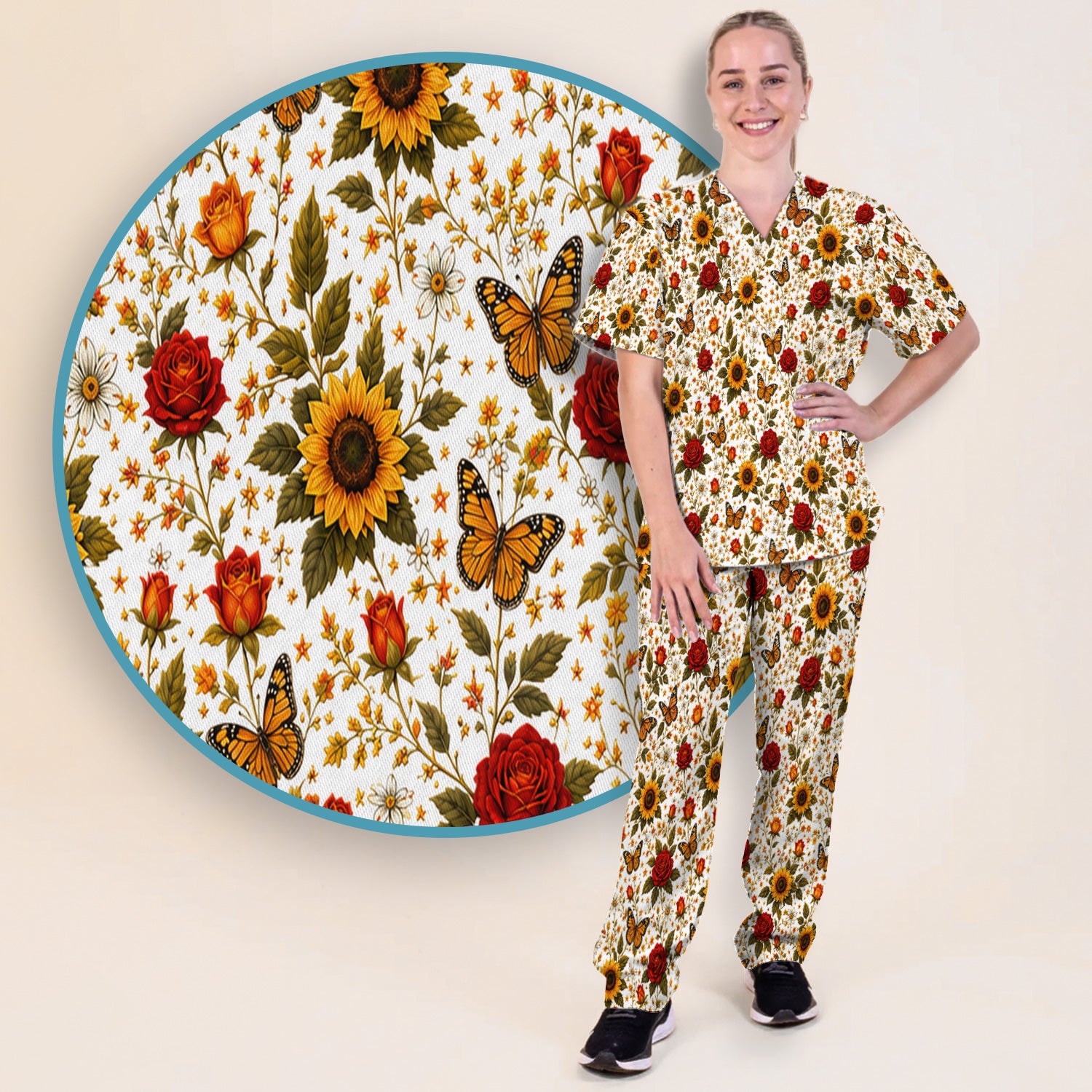 Autumn Sunflower Rose Butterfly Pattern Scrub Set, Scrub Pants and V Neck Top