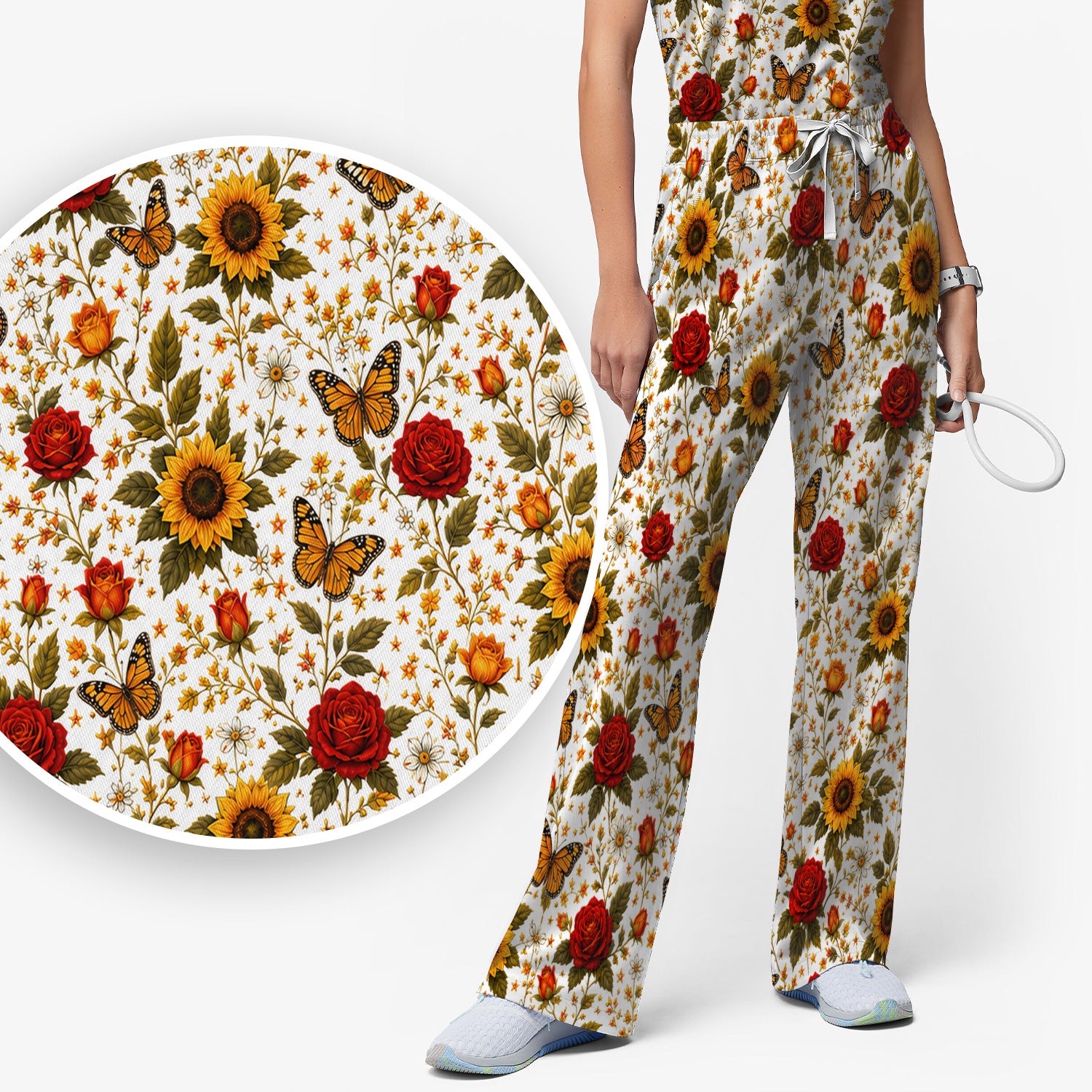 Autumn Sunflower Rose Butterfly Pattern Scrub Set, Scrub Pants and V Neck Top