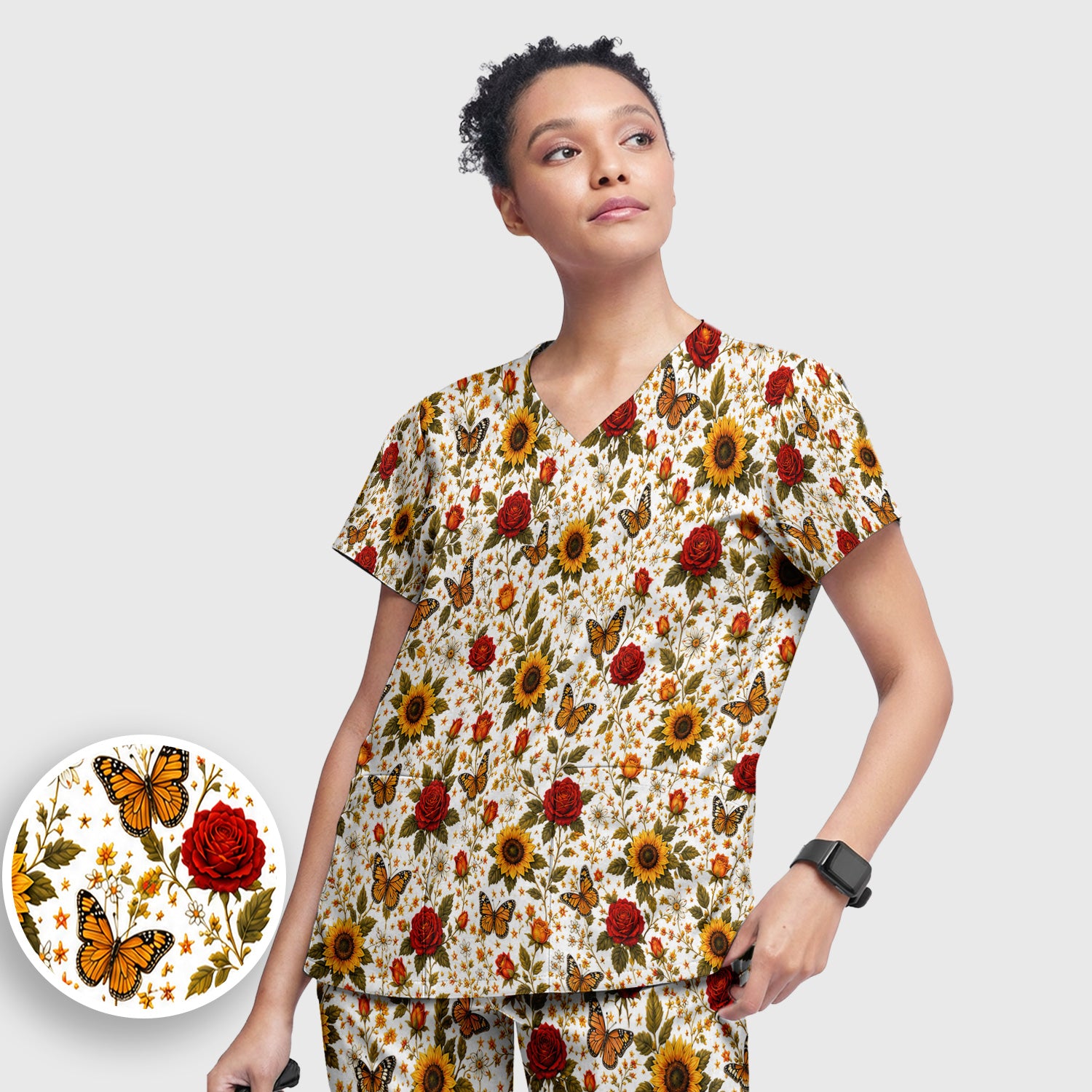 Autumn Sunflower Rose Butterfly Pattern Scrub Set, Scrub Pants and V Neck Top