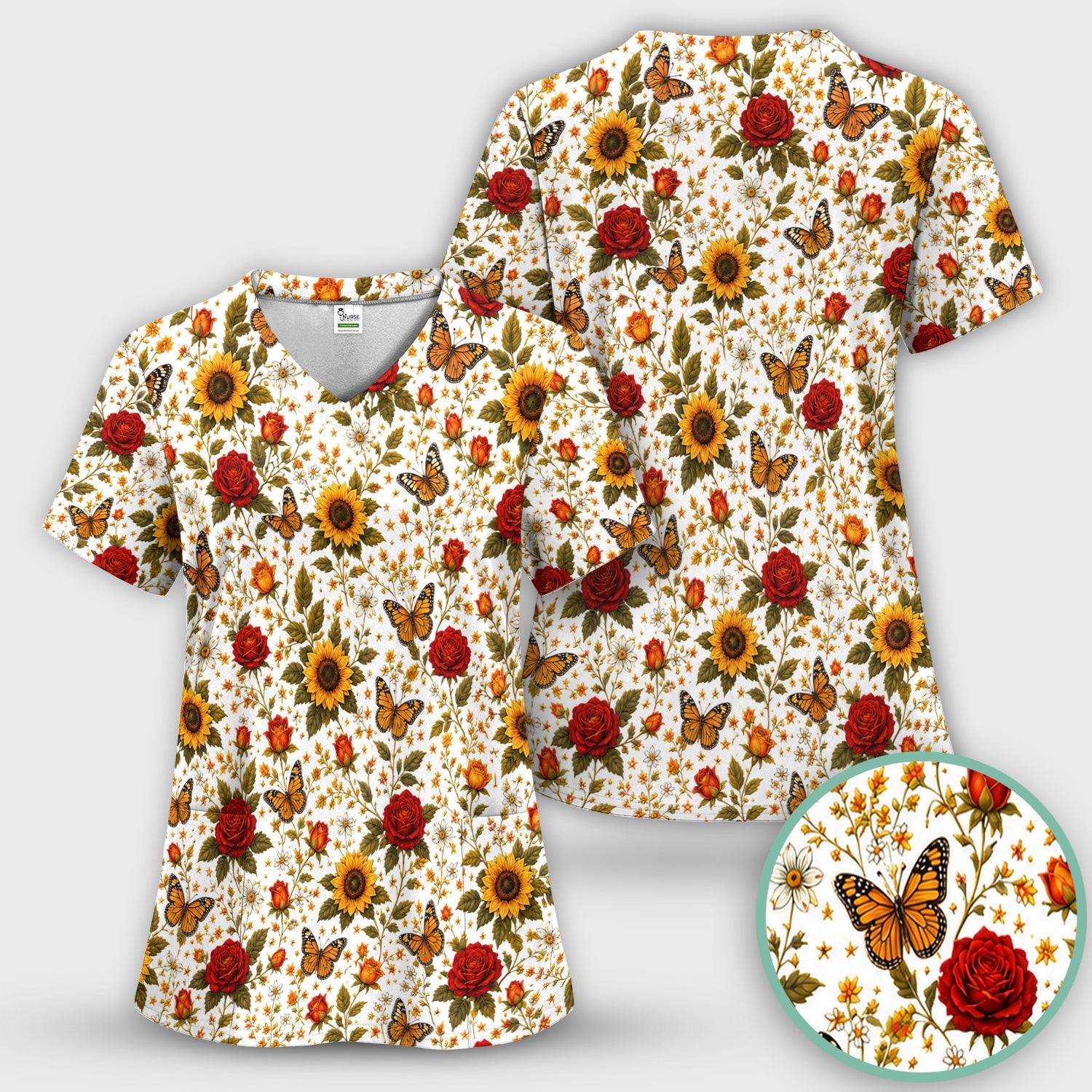 Autumn Sunflower Rose Butterfly Pattern Scrub Top, Comfortable Scrubs for Nurses