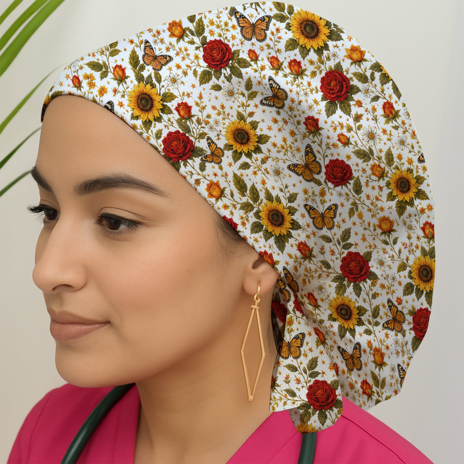 Autumn Sunflower Rose Butterfly Pattern Scrub Cap, Surgical Caps for Doctors