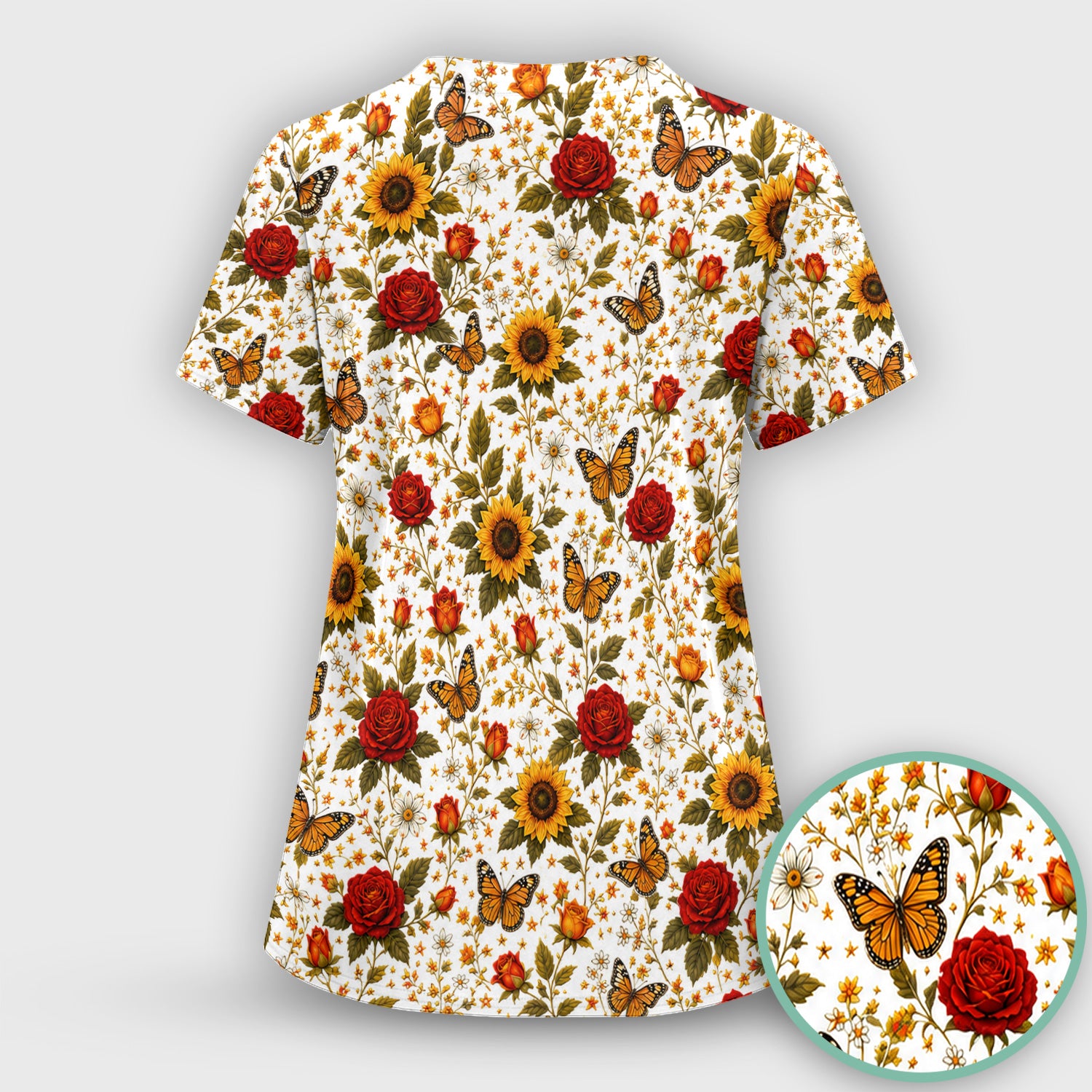 Autumn Sunflower Rose Butterfly Pattern Scrub Top, Comfortable Scrubs for Nurses