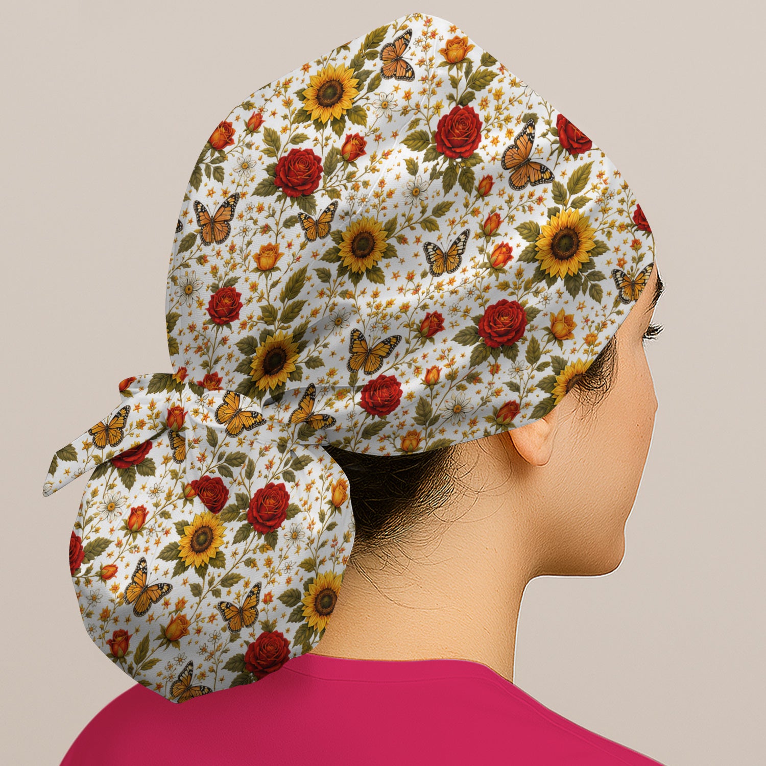 Autumn Sunflower Rose Butterfly Pattern Scrub Cap, Surgical Caps for Doctors