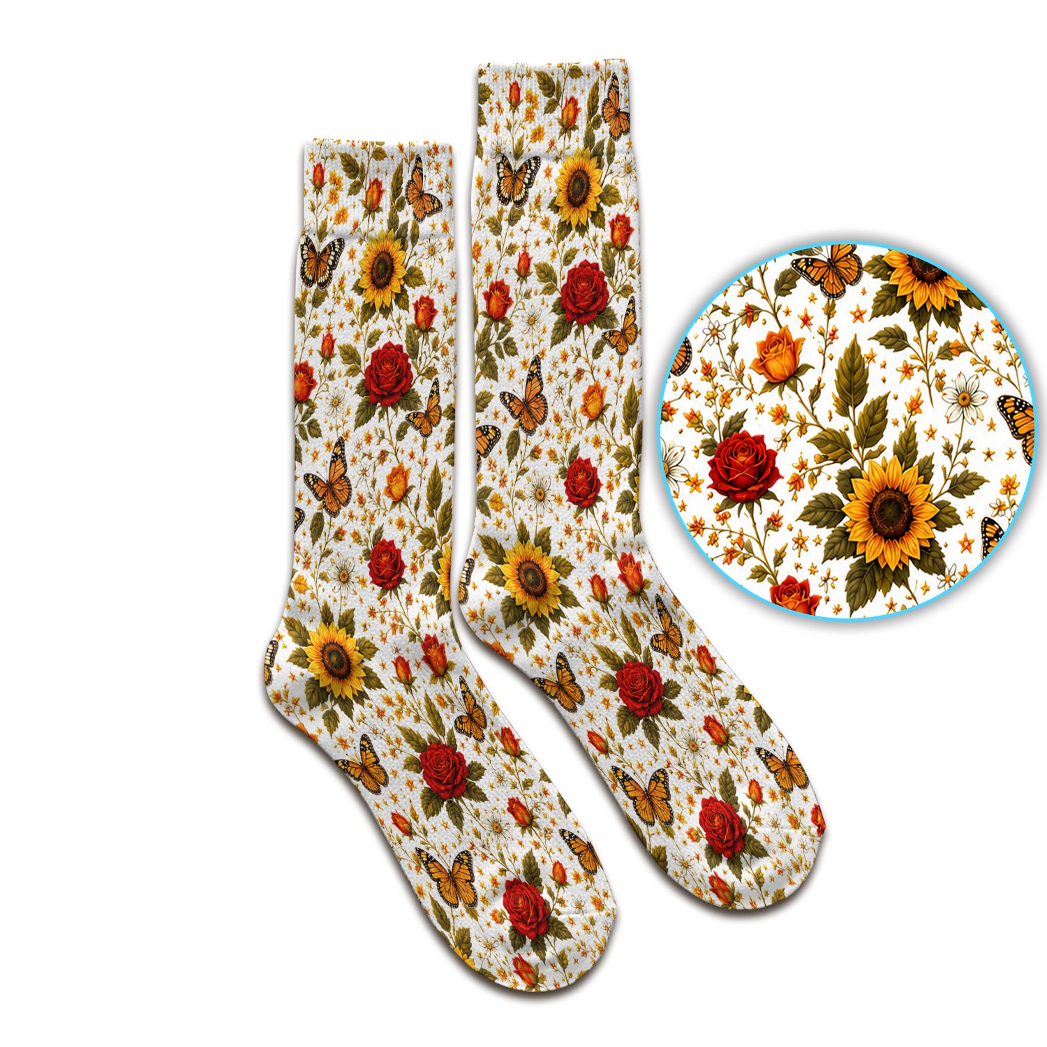 Autumn Sunflower Rose Butterfly Pattern Socks, Adult Socks for Men and Women