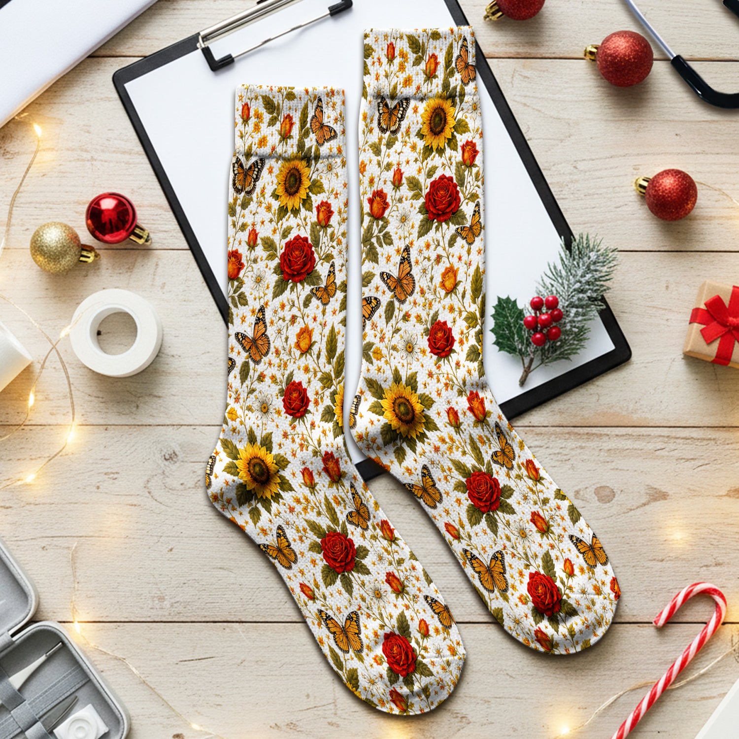 Autumn Sunflower Rose Butterfly Pattern Socks, Adult Socks for Men and Women