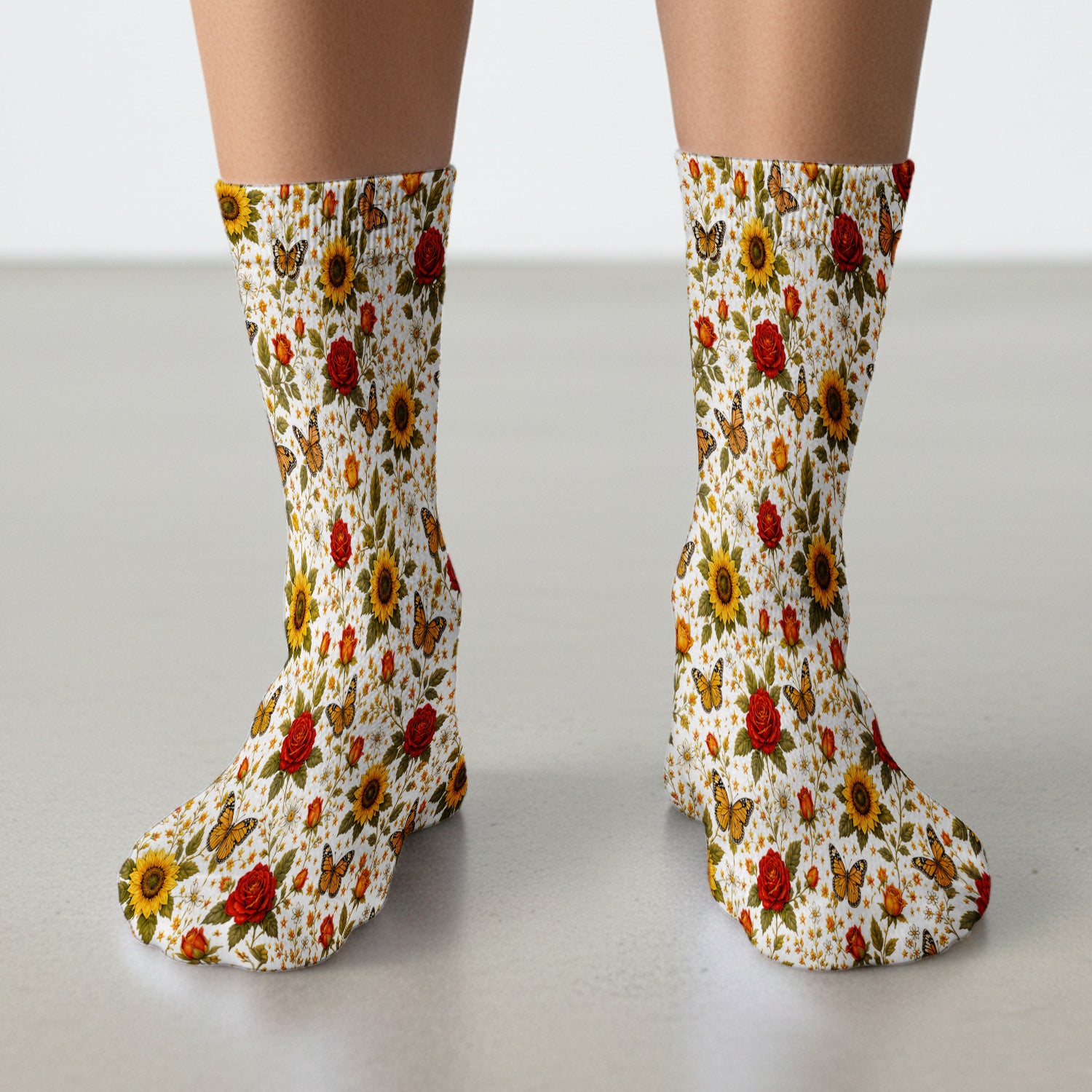 Autumn Sunflower Rose Butterfly Pattern Socks, Adult Socks for Men and Women