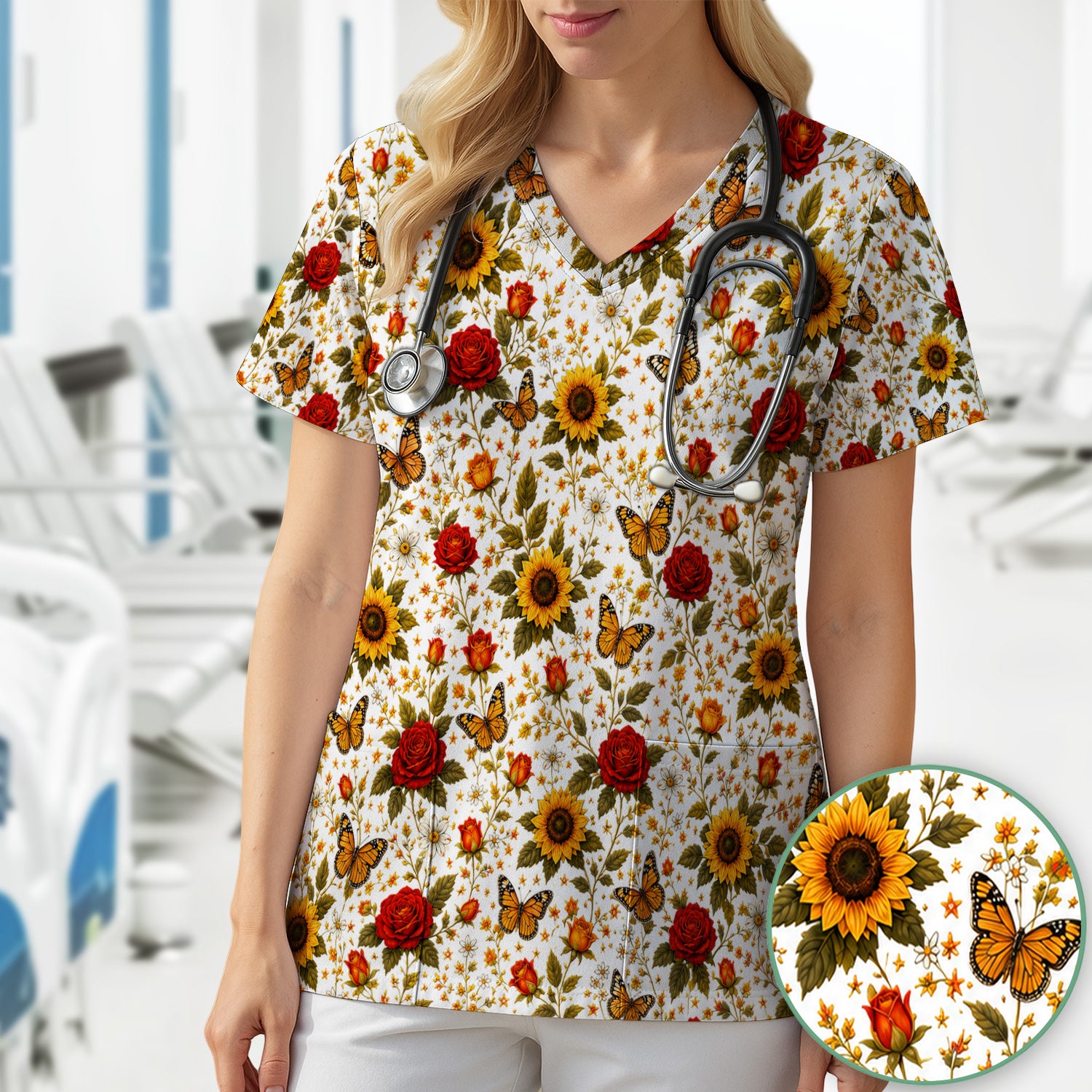 Autumn Sunflower Rose Butterfly Pattern Scrub Top, Comfortable Scrubs for Nurses