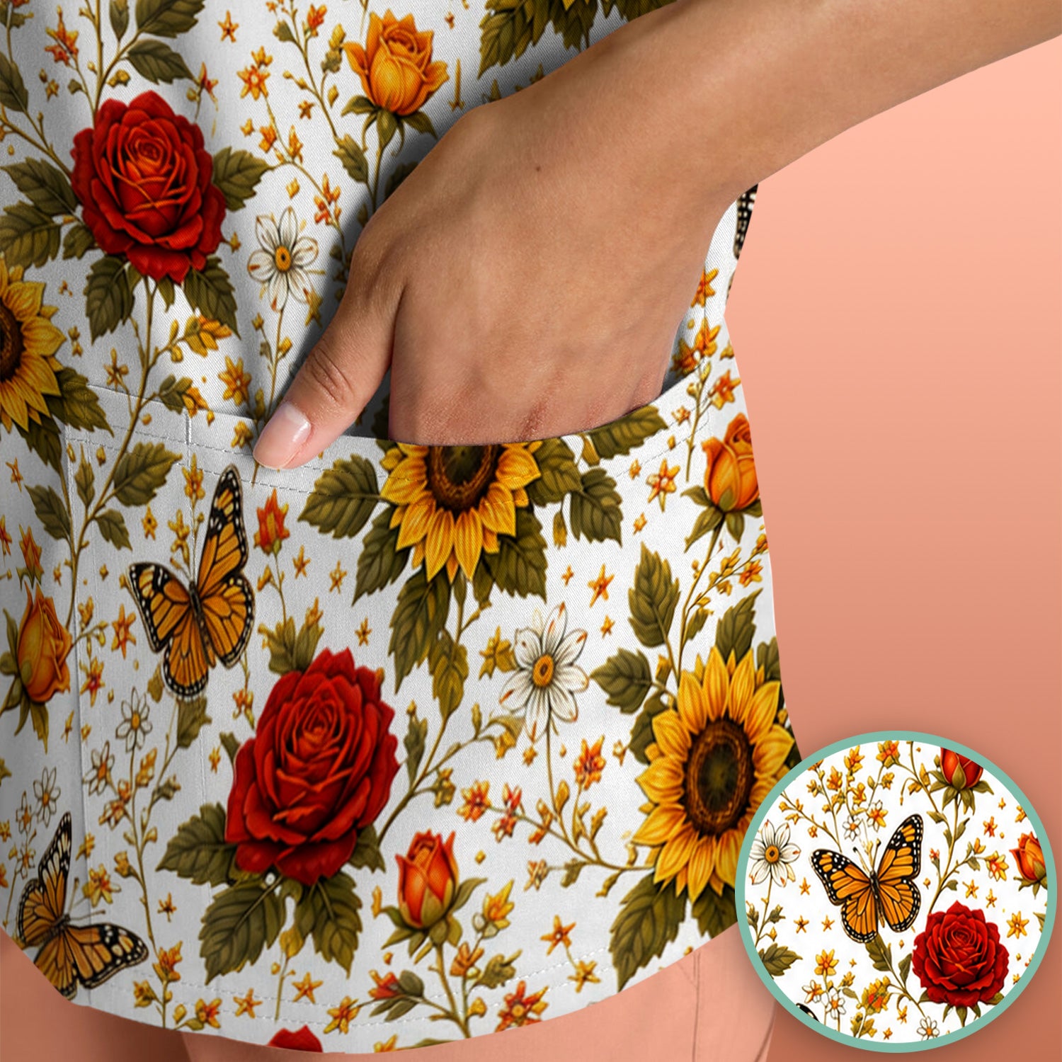 Autumn Sunflower Rose Butterfly Pattern Scrub Top, Comfortable Scrubs for Nurses