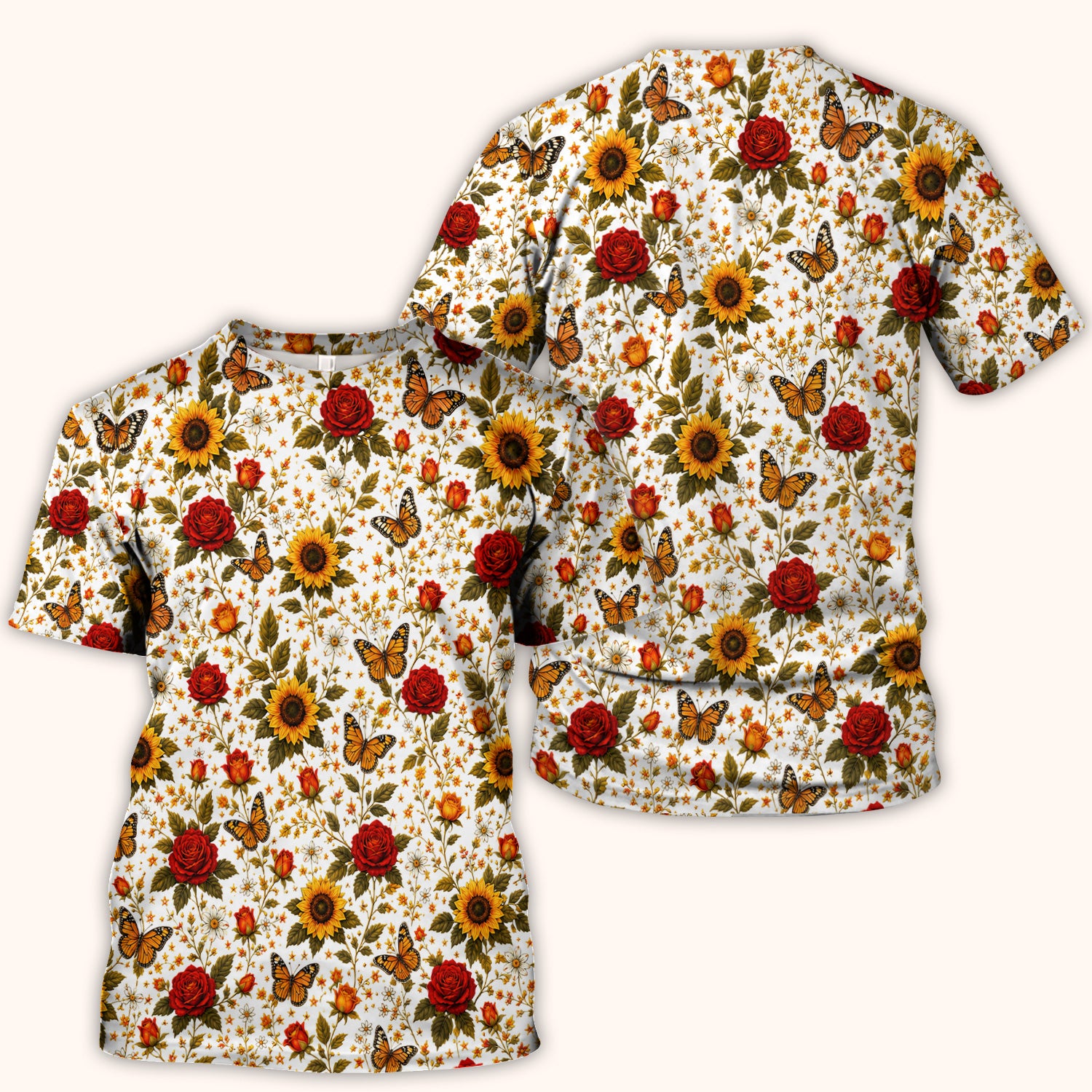 Autumn Sunflower Rose Butterfly Pattern Scrub Top, Comfortable Scrubs for Nurses