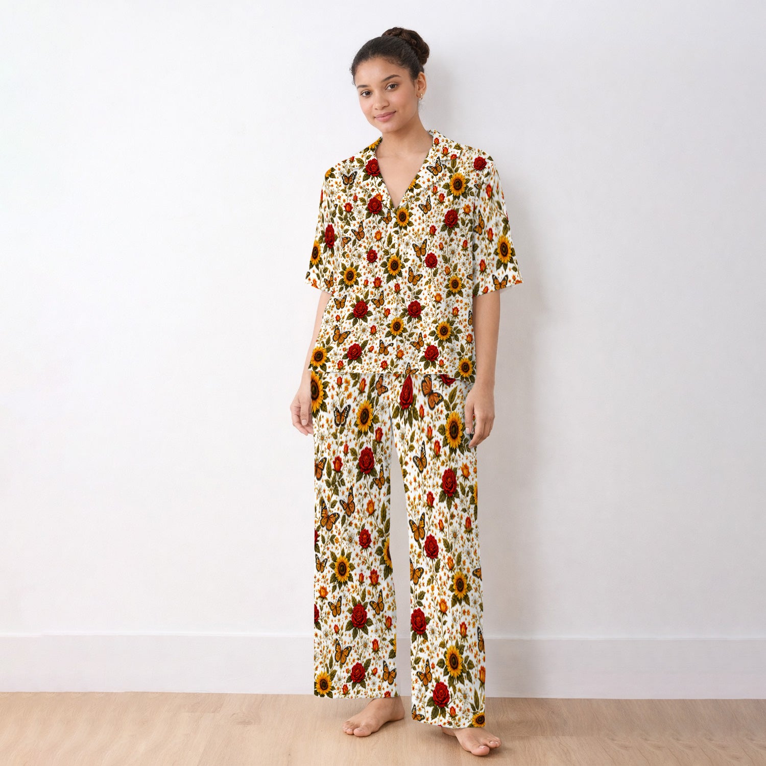 Autumn Sunflower Rose Butterfly Pattern Pajama Set, Soft Breathable Fabric Comfortable Sleepwear