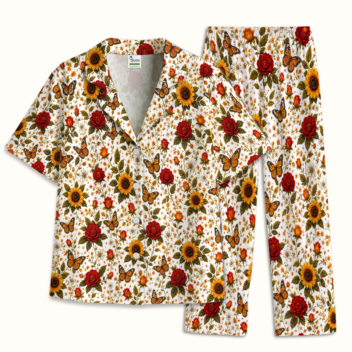 Autumn Sunflower Rose Butterfly Pattern Pajama Set, Soft Breathable Fabric Comfortable Sleepwear