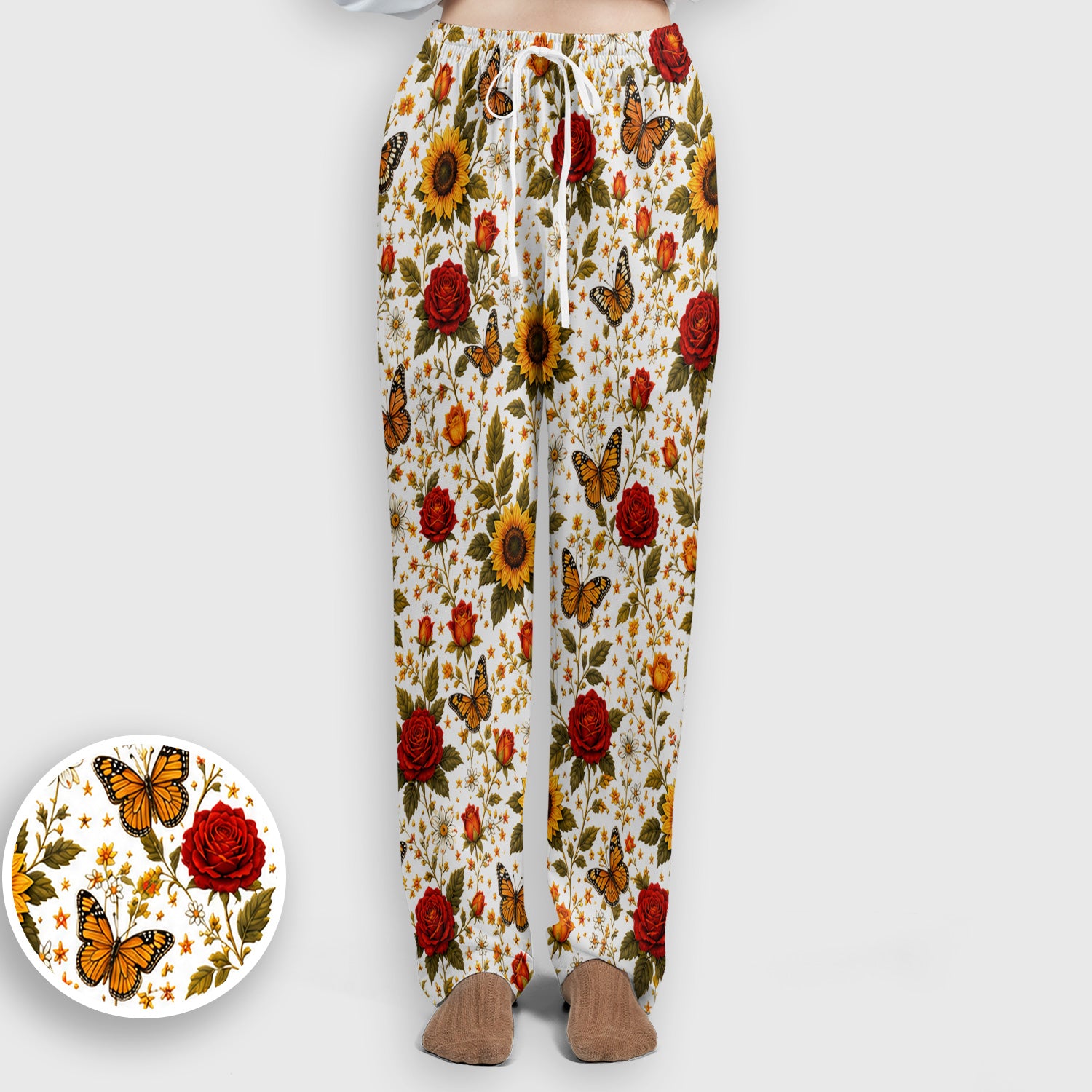 Autumn Sunflower Rose Butterfly Pattern Scrub Set, Scrub Pants and V Neck Top