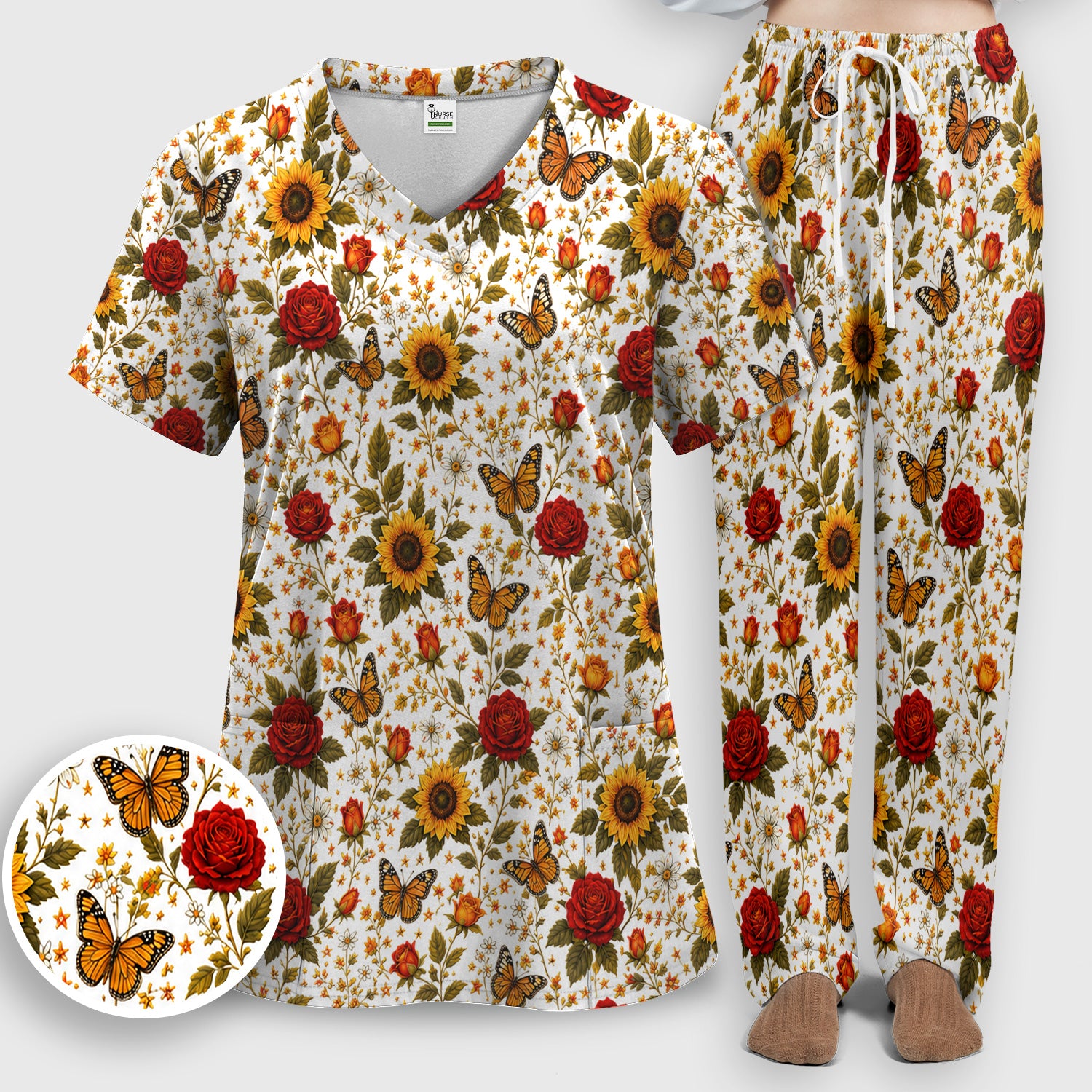 Autumn Sunflower Rose Butterfly Pattern Scrub Set, Scrub Pants and V Neck Top