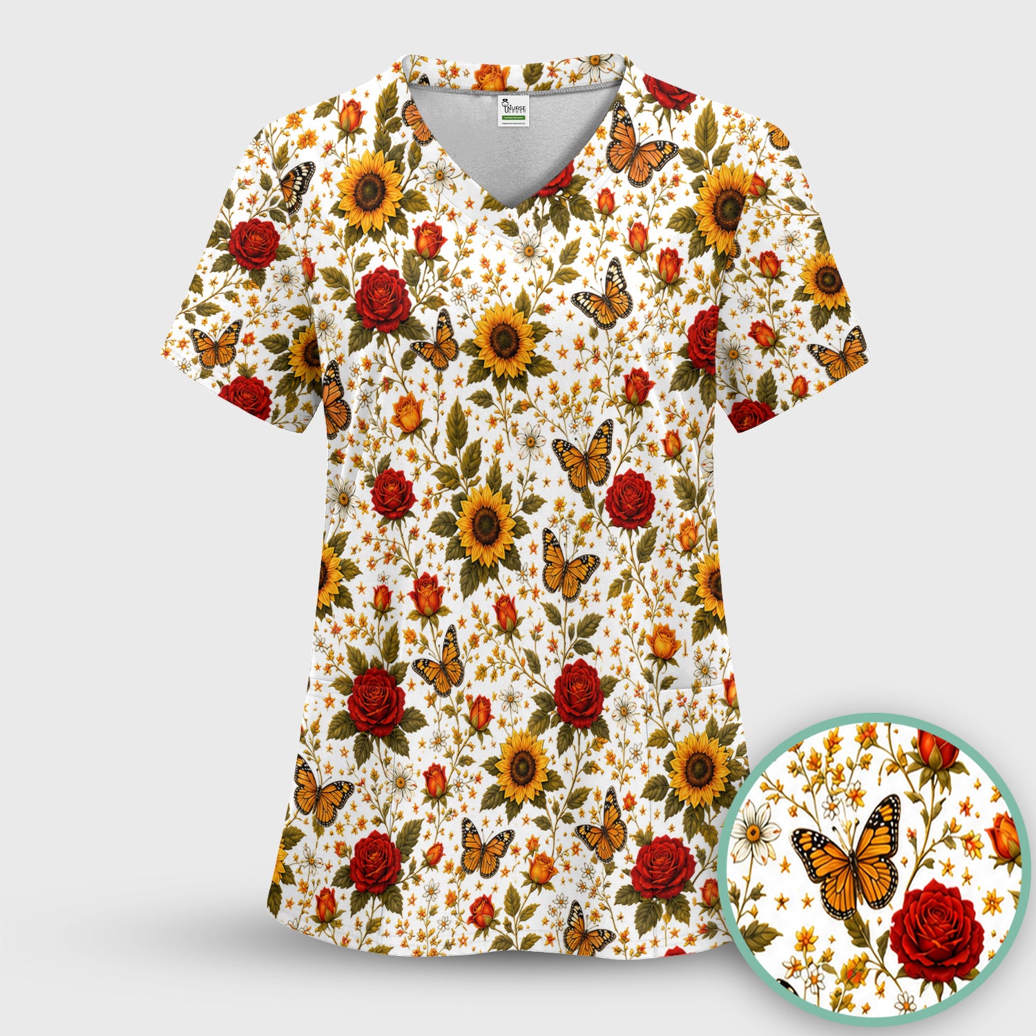 Autumn Sunflower Rose Butterfly Pattern Scrub Top, Comfortable Scrubs for Nurses