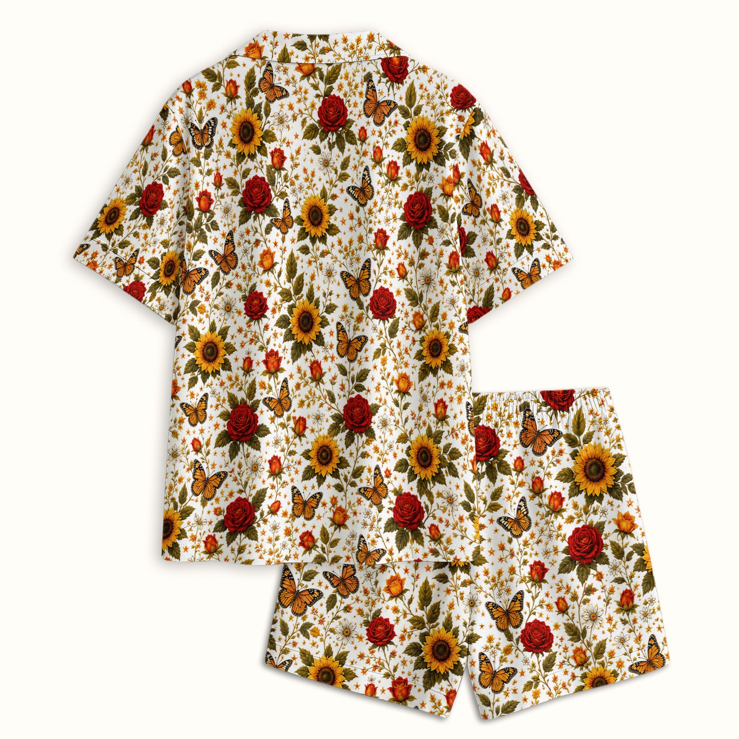 Autumn Sunflower Rose Butterfly Pattern Pajama Set, Soft Breathable Fabric Comfortable Sleepwear