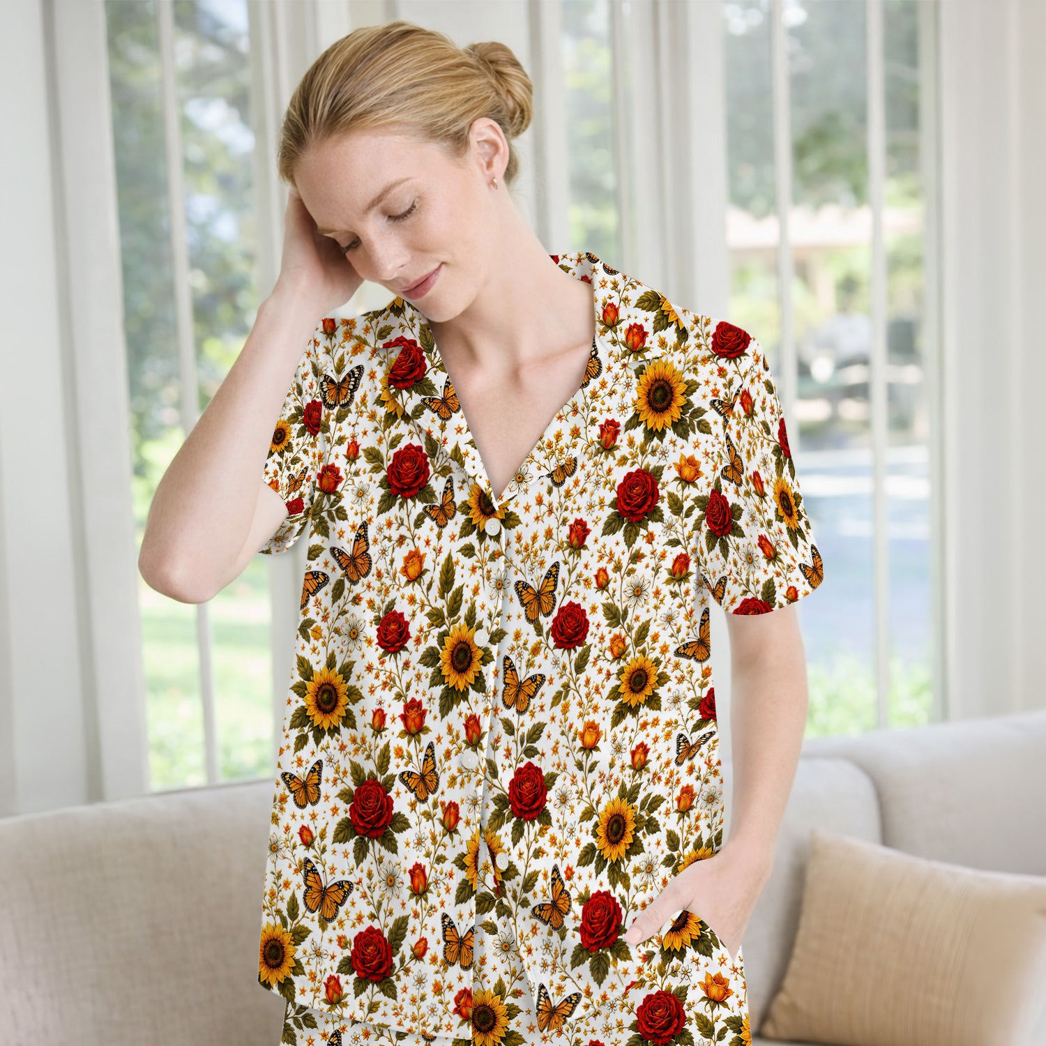 Autumn Sunflower Rose Butterfly Pattern Pajama Set, Soft Breathable Fabric Comfortable Sleepwear