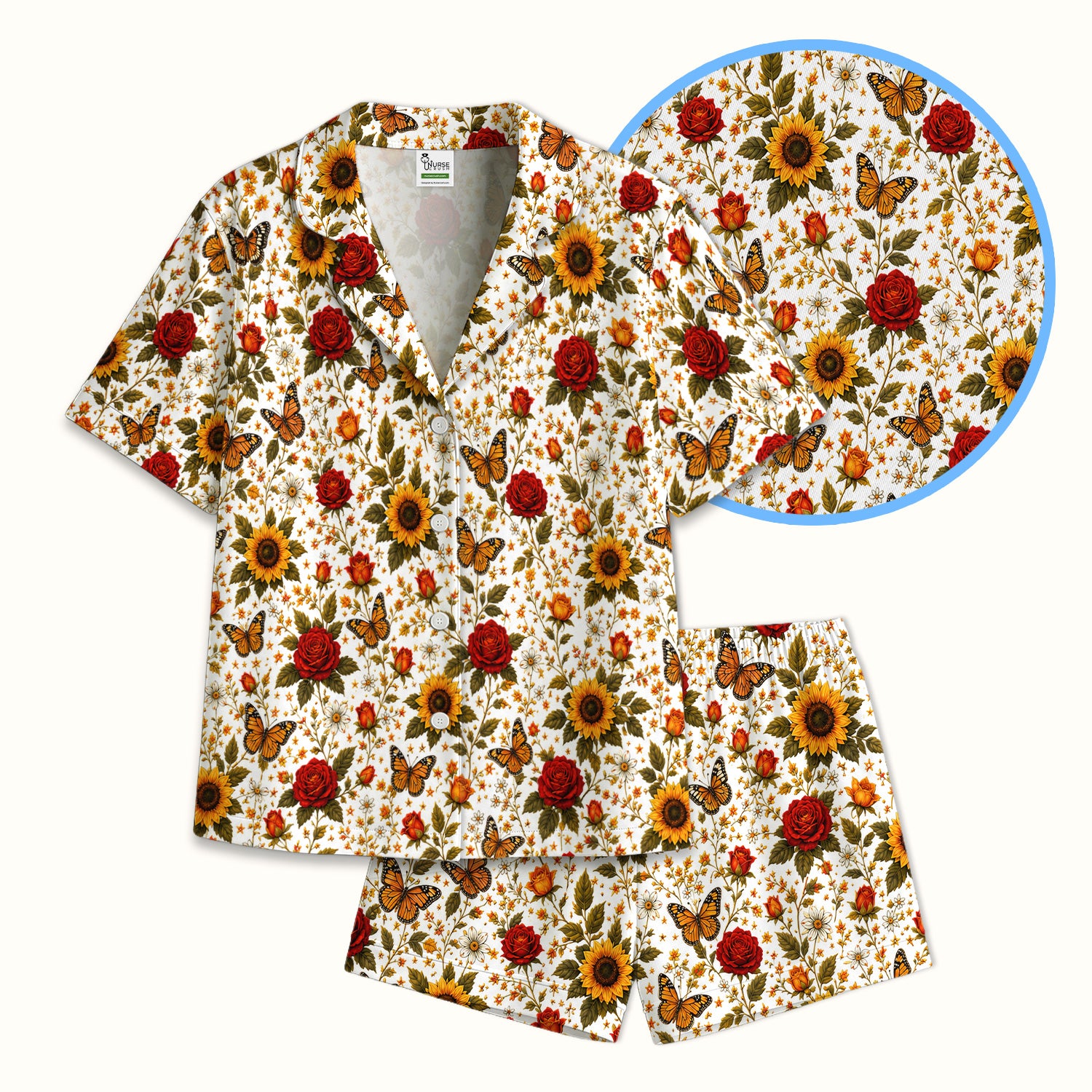Autumn Sunflower Rose Butterfly Pattern Pajama Set, Soft Breathable Fabric Comfortable Sleepwear