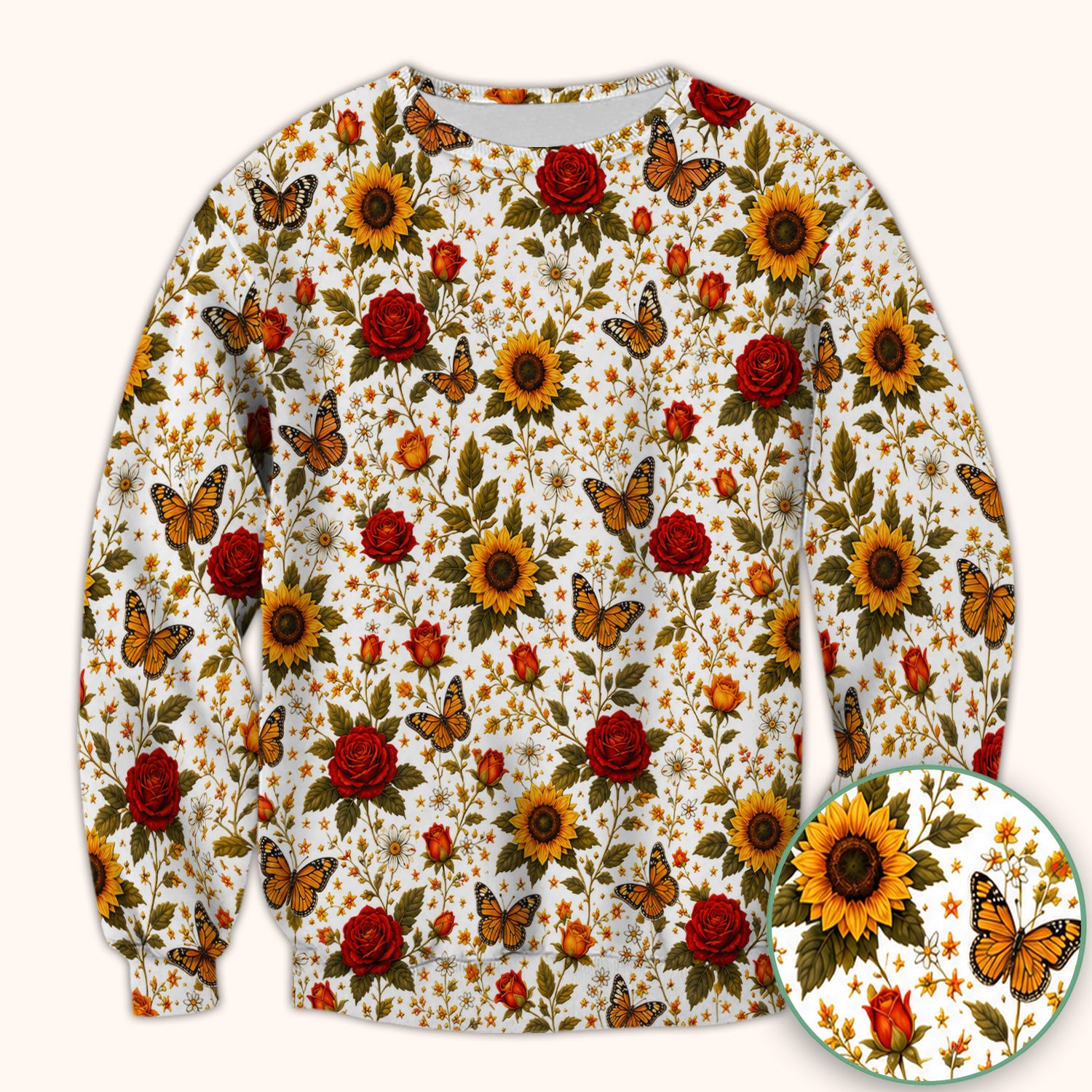 Autumn Sunflower Rose Butterfly Pattern Scrub Top, Comfortable Scrubs for Nurses
