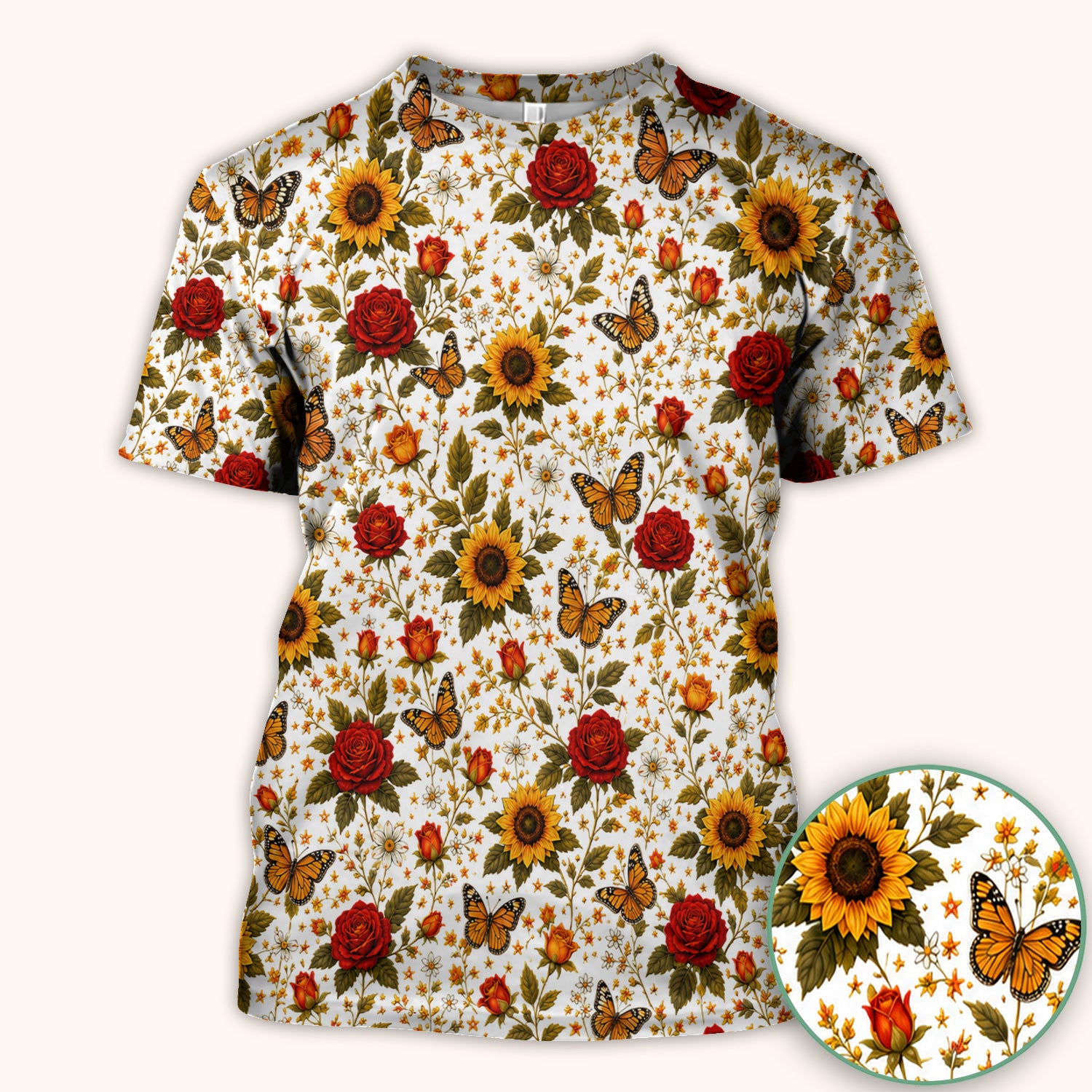 Autumn Sunflower Rose Butterfly Pattern Scrub Top, Comfortable Scrubs for Nurses