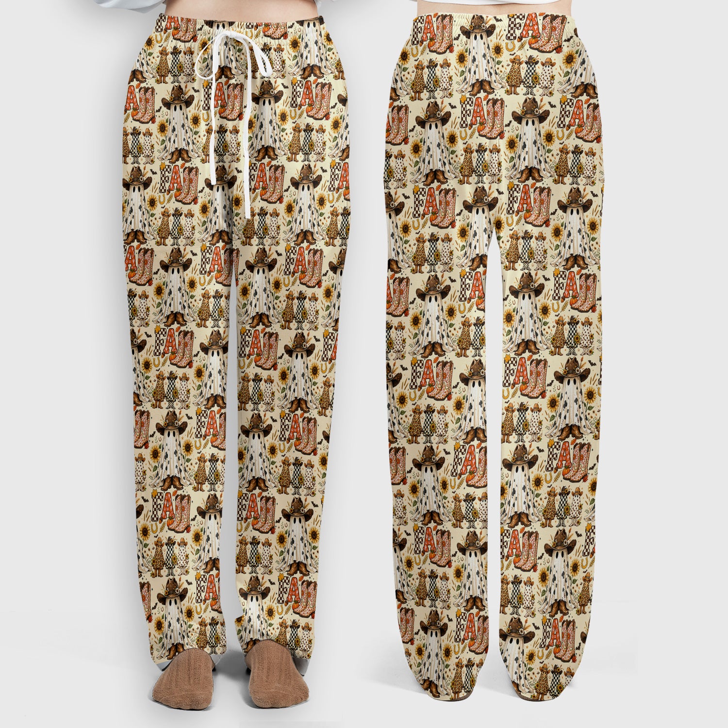 Cowboy Boots Halloween Ghost Print Scrub Set, Scrub Pants and V Neck Top
