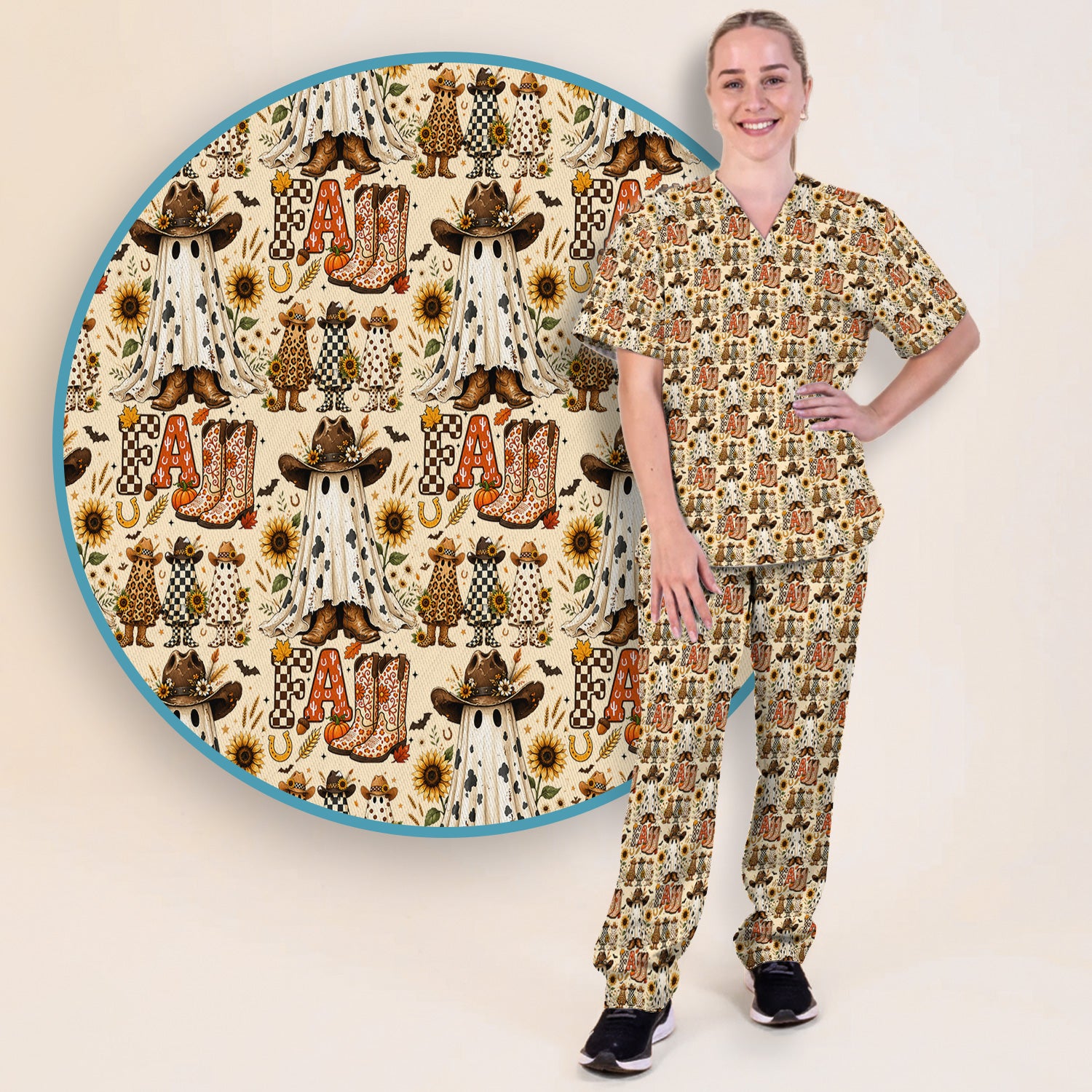 Cowboy Boots Halloween Ghost Print Scrub Set, Scrub Pants and V Neck Top