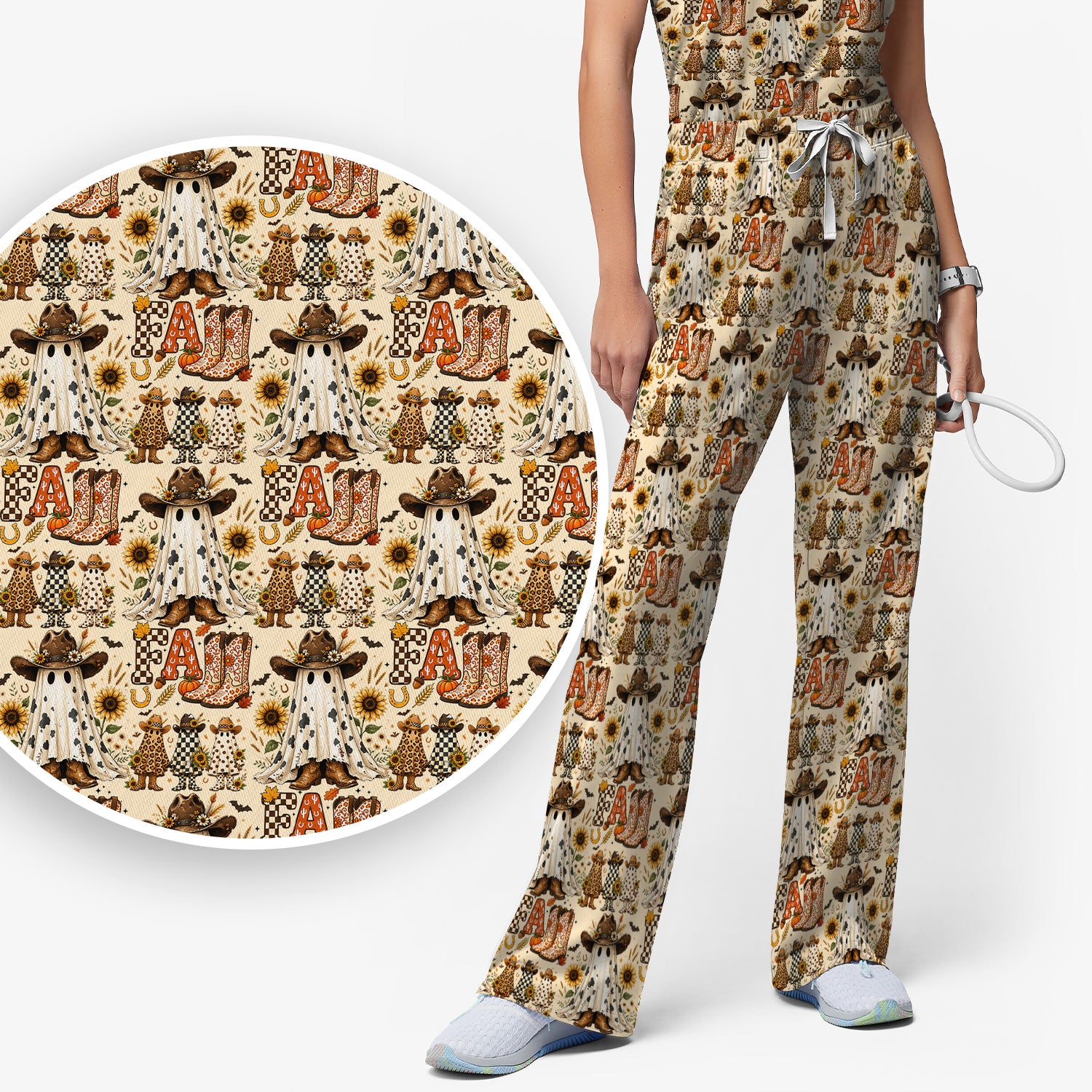 Cowboy Boots Halloween Ghost Print Scrub Set, Scrub Pants and V Neck Top