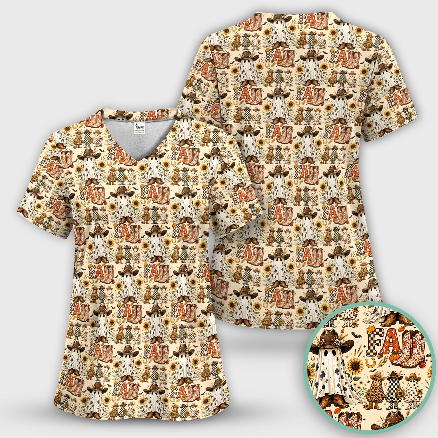 Cowboy Boots Halloween Ghost Print Scrub Top, Comfortable Scrubs for Nurses