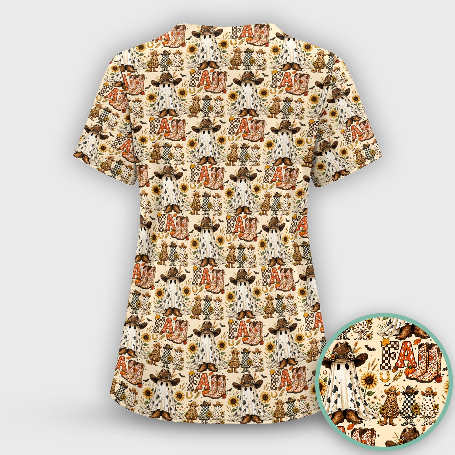 Cowboy Boots Halloween Ghost Print Scrub Top, Comfortable Scrubs for Nurses