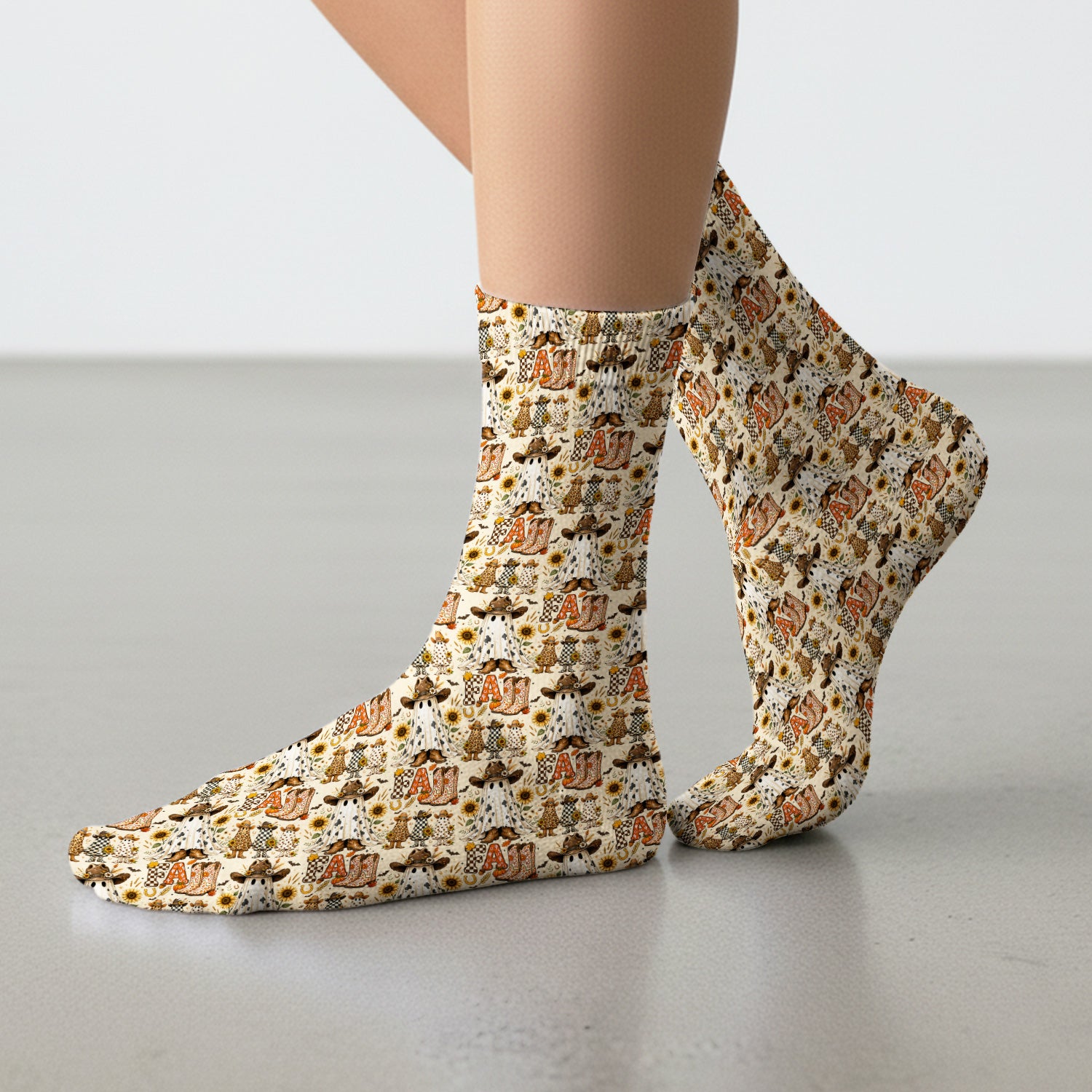 Cowboy Boots Halloween Ghost Print Socks, Adult Socks for Men and Women