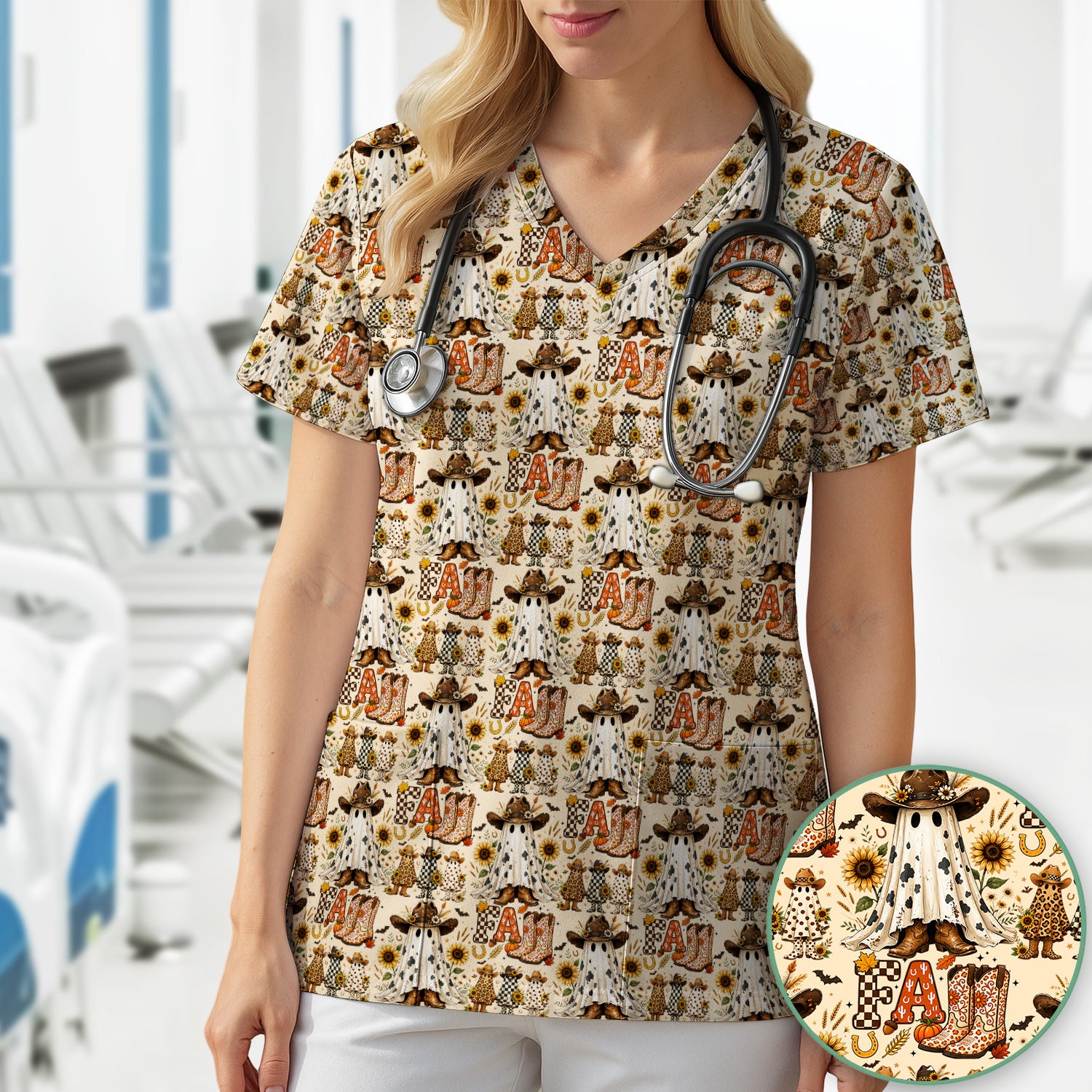Cowboy Boots Halloween Ghost Print Scrub Top, Comfortable Scrubs for Nurses