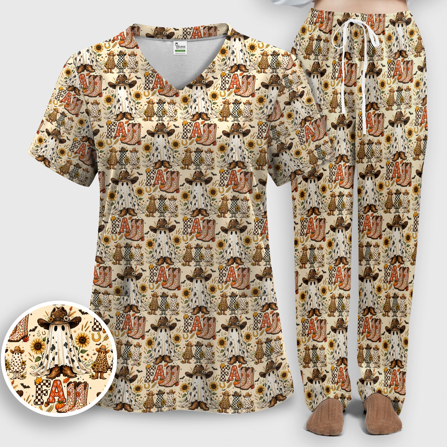 Cowboy Boots Halloween Ghost Print Scrub Set, Scrub Pants and V Neck Top