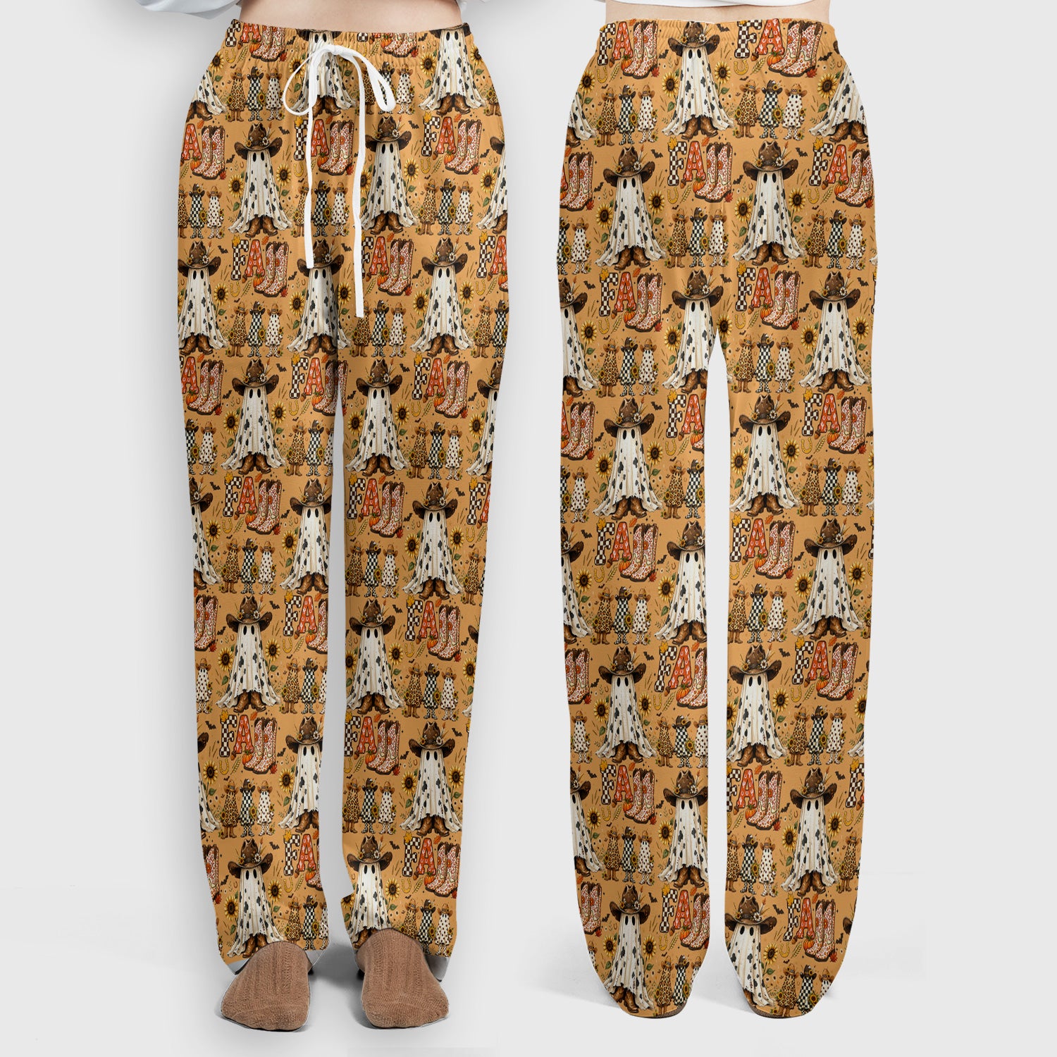 Cowboy Boots Halloween Ghost Print Scrub Set, Scrub Pants and V Neck Top