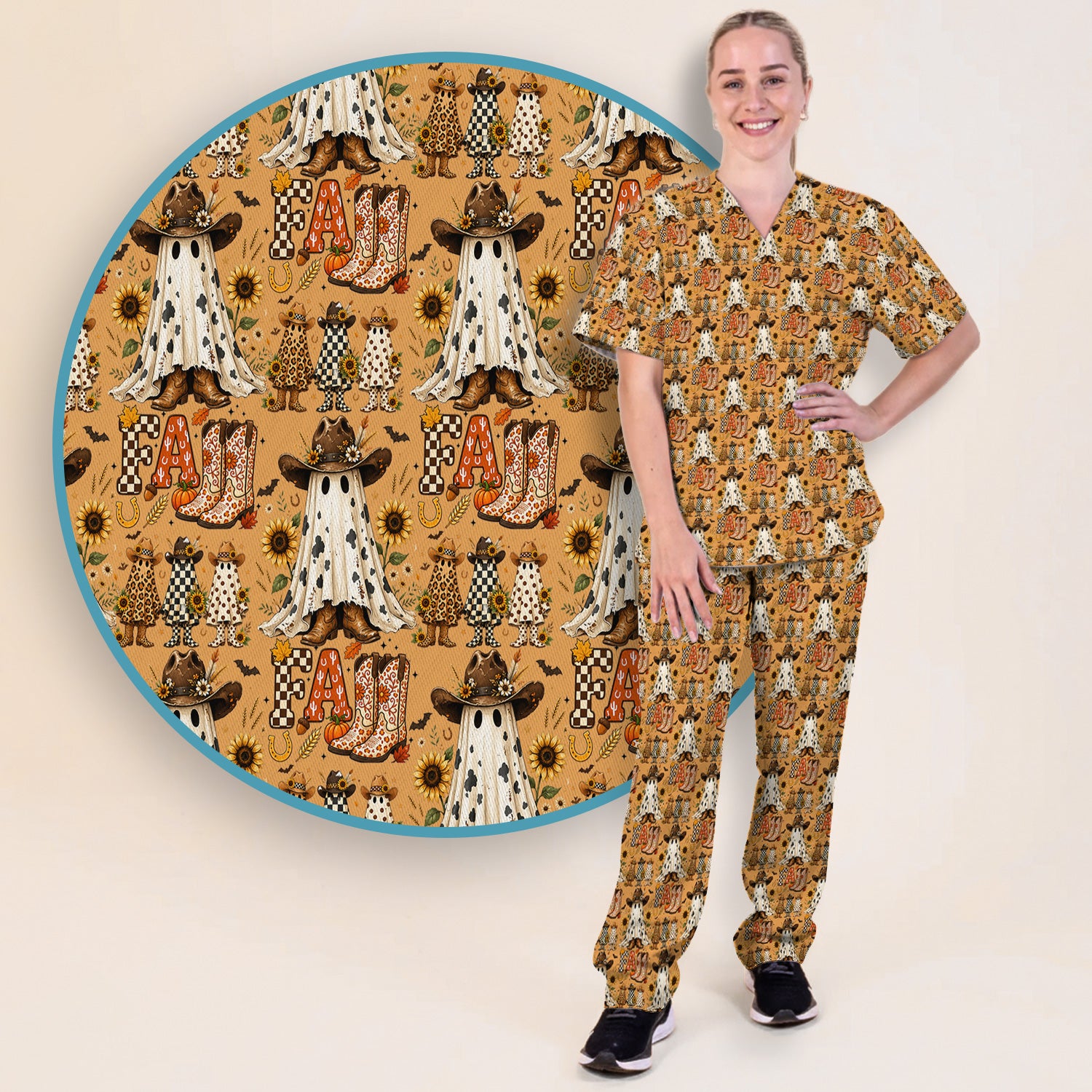 Cowboy Boots Halloween Ghost Print Scrub Set, Scrub Pants and V Neck Top