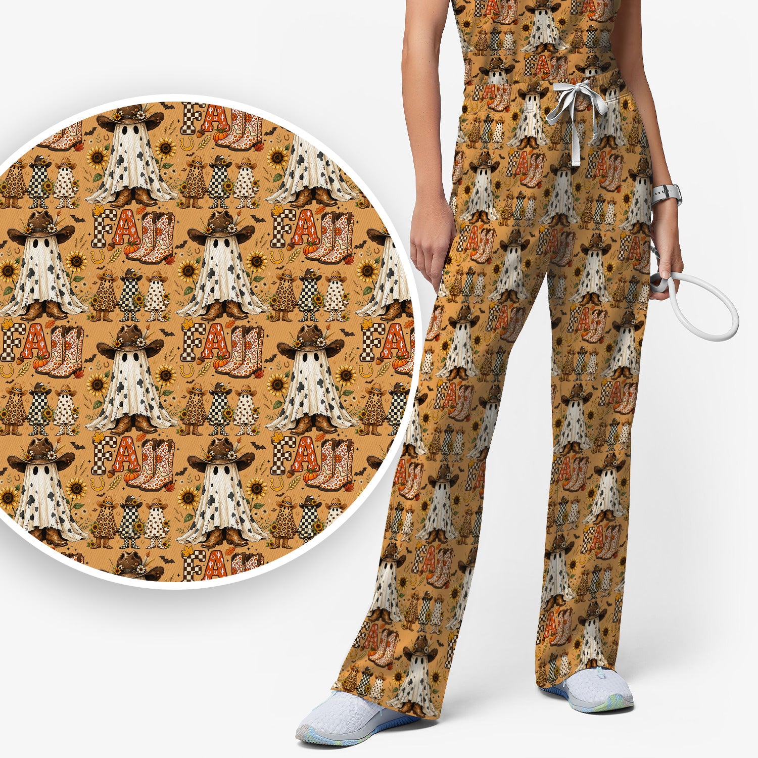 Cowboy Boots Halloween Ghost Print Scrub Set, Scrub Pants and V Neck Top