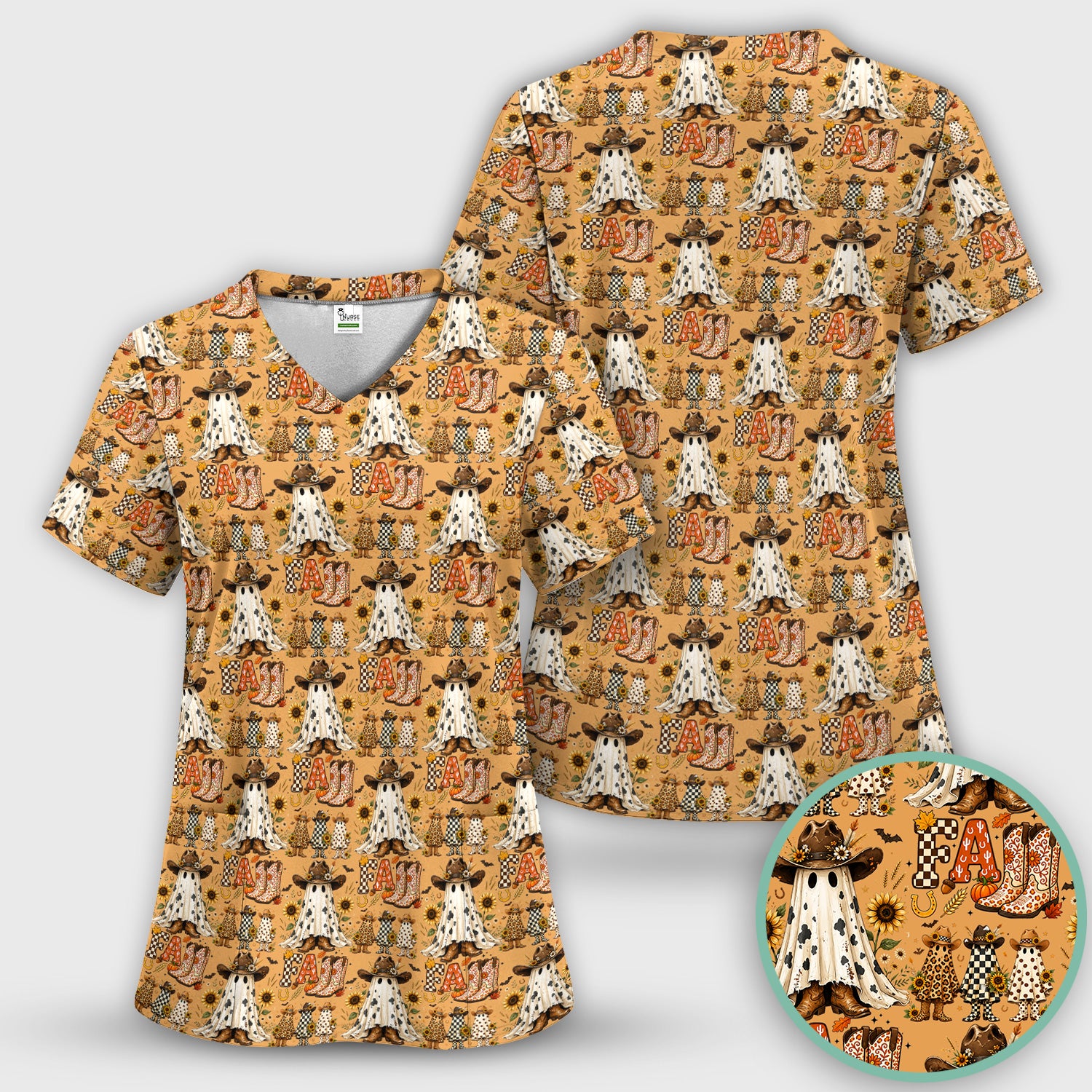 Cowboy Boots Halloween Ghost Print Scrub Top, Comfortable Scrubs for Nurses