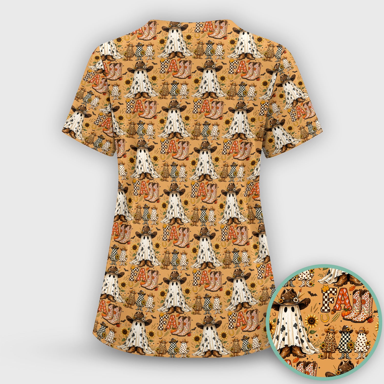 Cowboy Boots Halloween Ghost Print Scrub Top, Comfortable Scrubs for Nurses