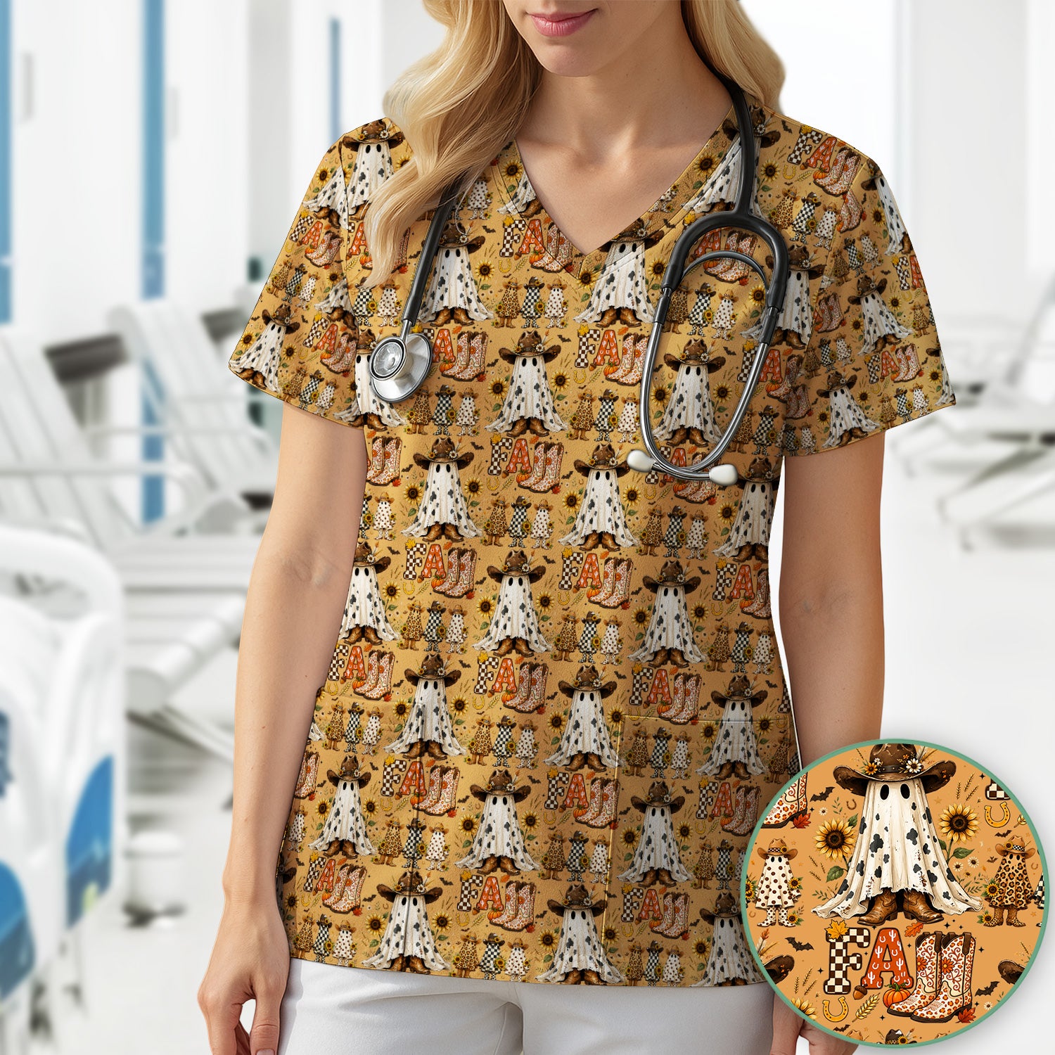 Cowboy Boots Halloween Ghost Print Scrub Top, Comfortable Scrubs for Nurses