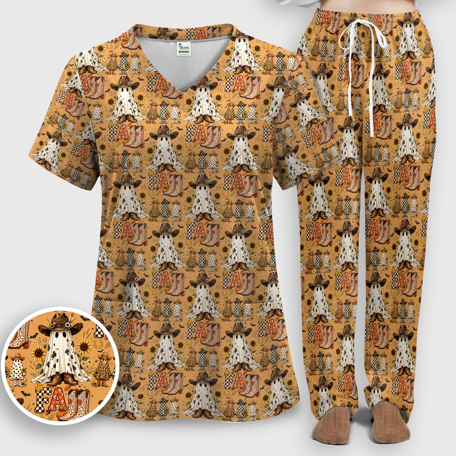 Cowboy Boots Halloween Ghost Print Scrub Set, Scrub Pants and V Neck Top