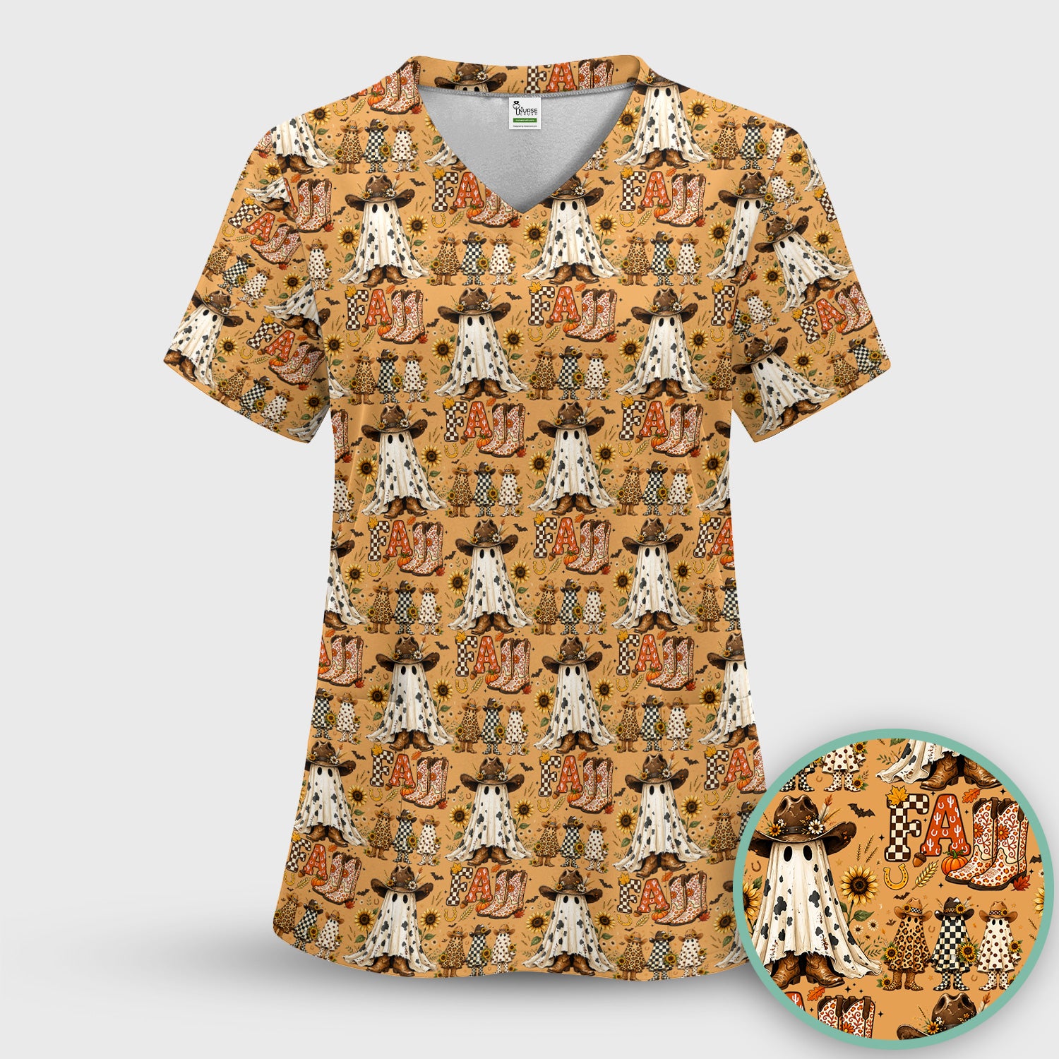 Cowboy Boots Halloween Ghost Print Scrub Top, Comfortable Scrubs for Nurses