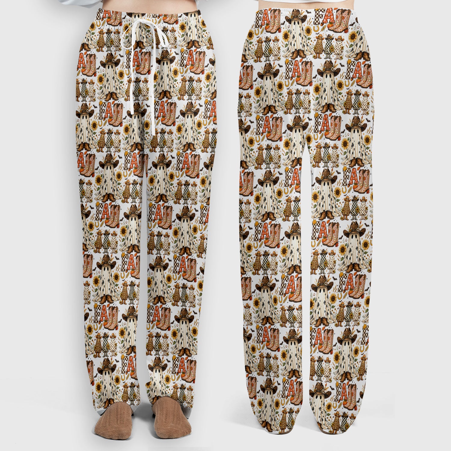 Cowboy Boots Halloween Ghost Print Scrub Set, Scrub Pants and V Neck Top