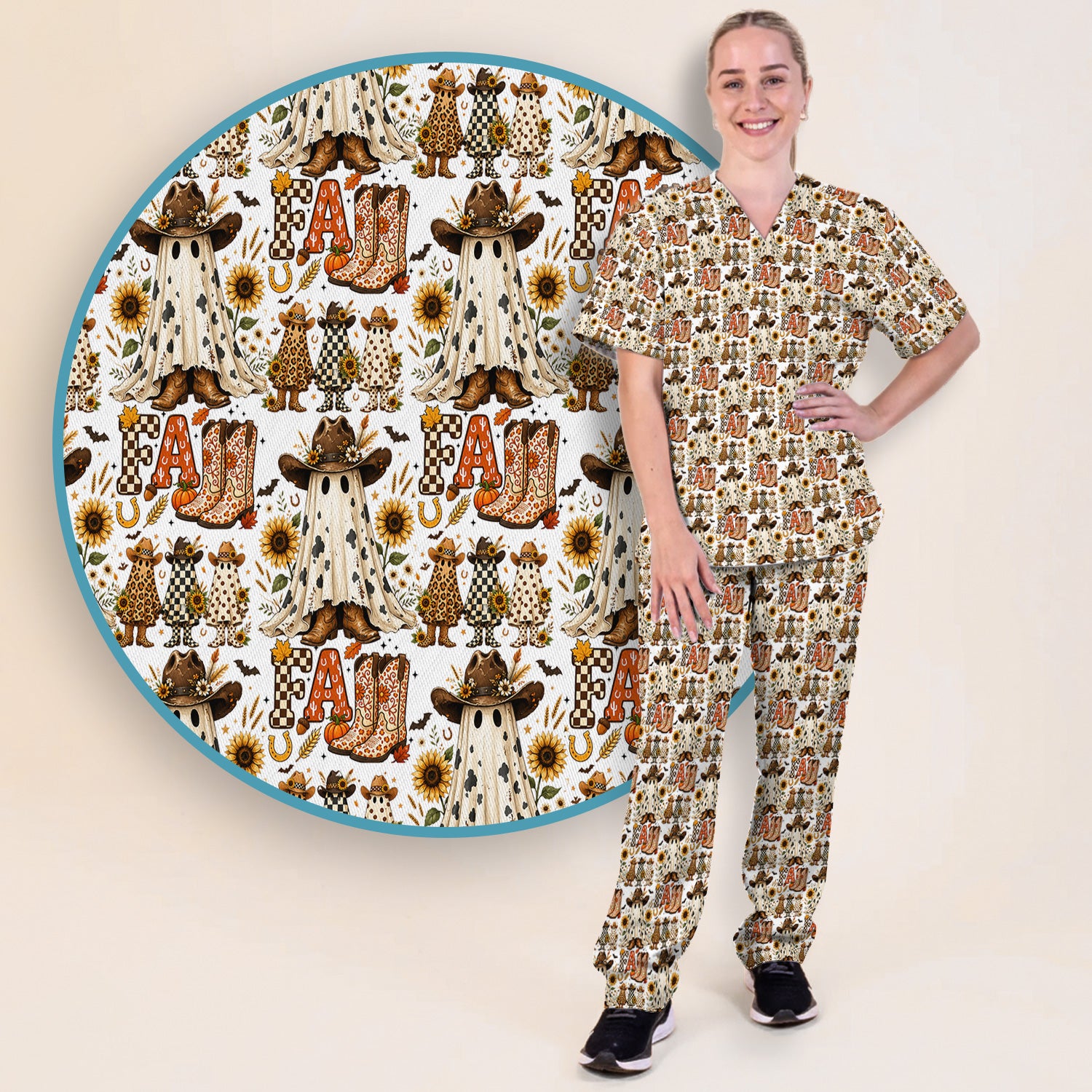 Cowboy Boots Halloween Ghost Print Scrub Set, Scrub Pants and V Neck Top